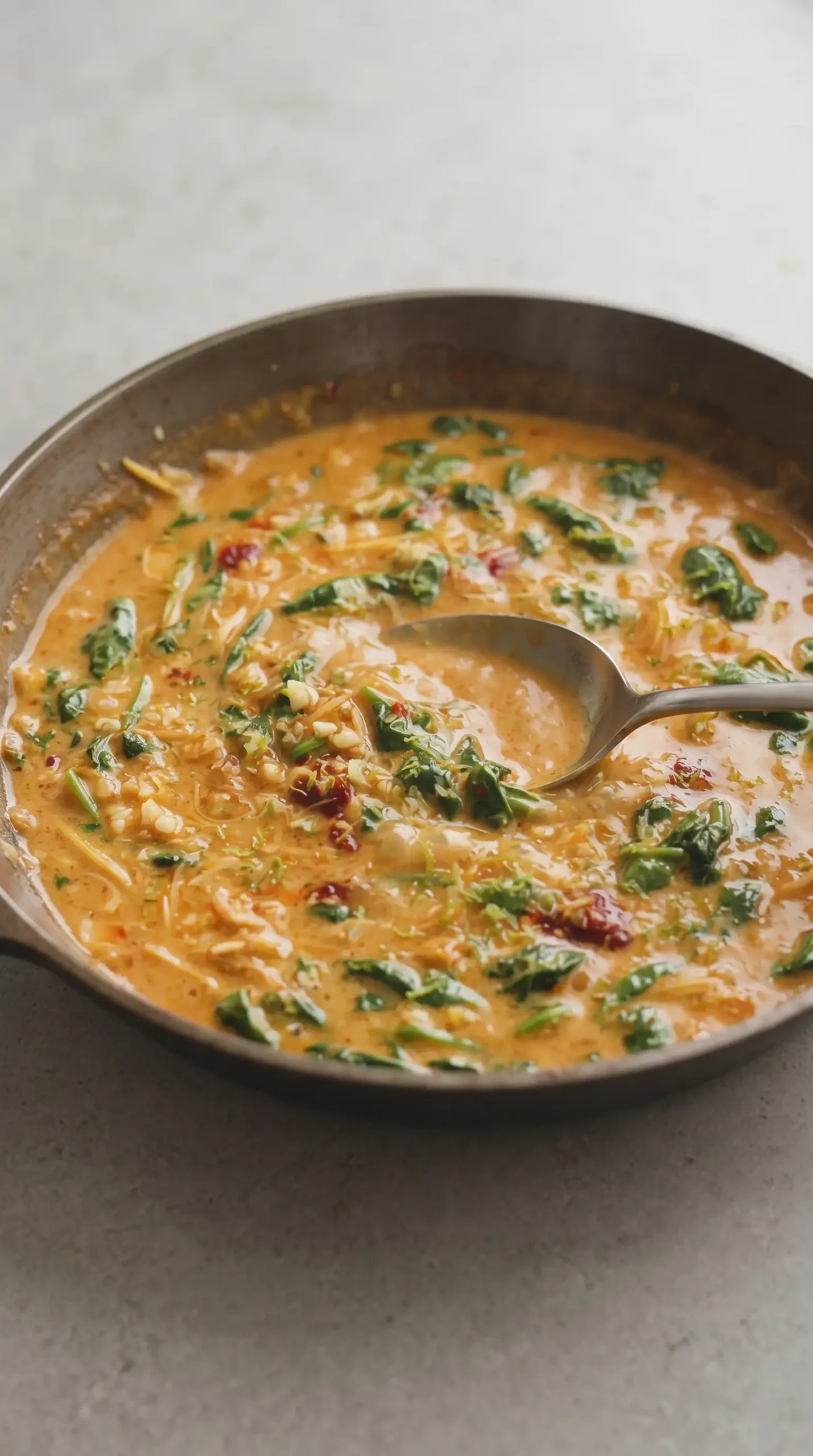 Creamy coconut curry sauce with aromatics, red curry paste, lime, and spinach in a skillet