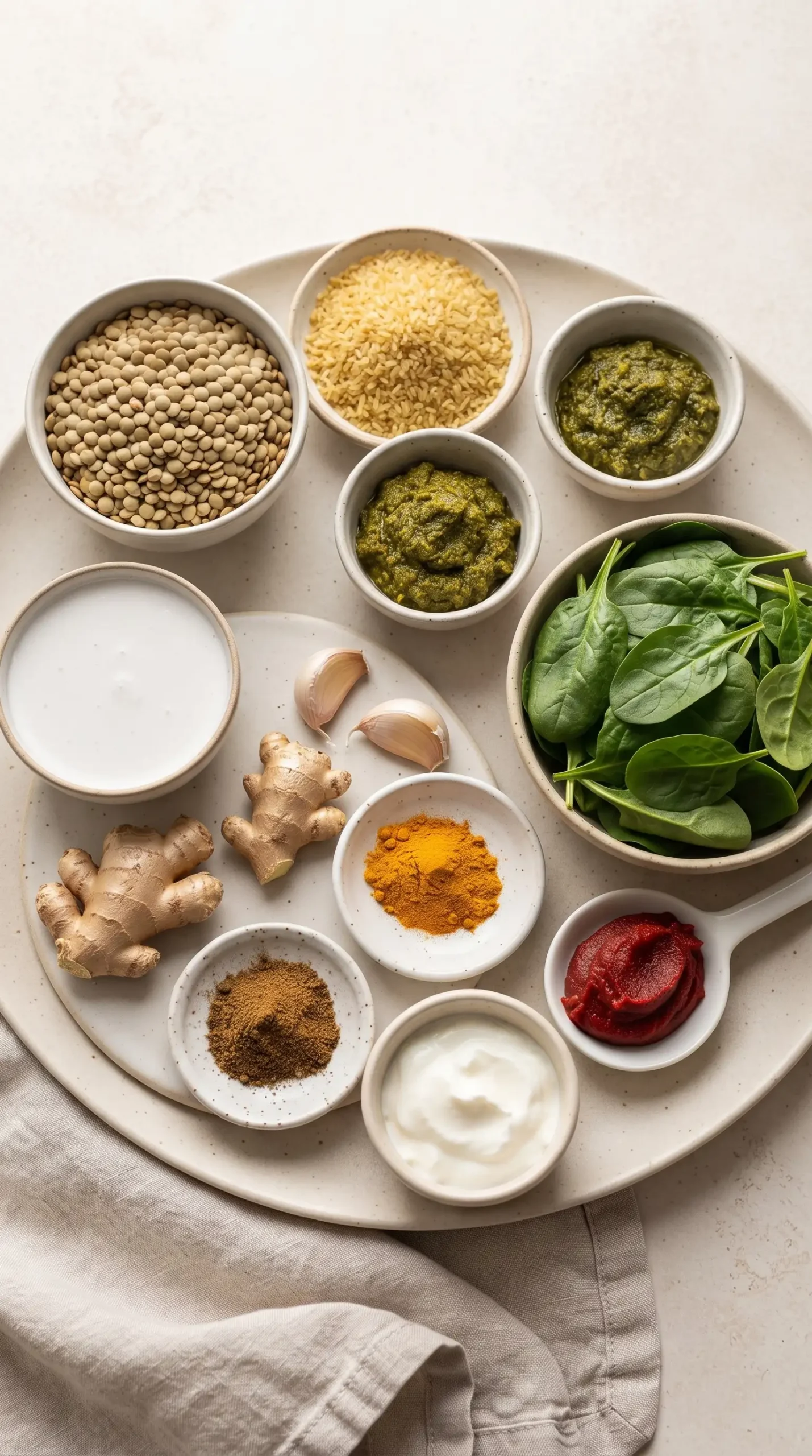 Ingredients for coconut green curry lentils including lentils, bulgur, curry paste, coconut milk, and spinach