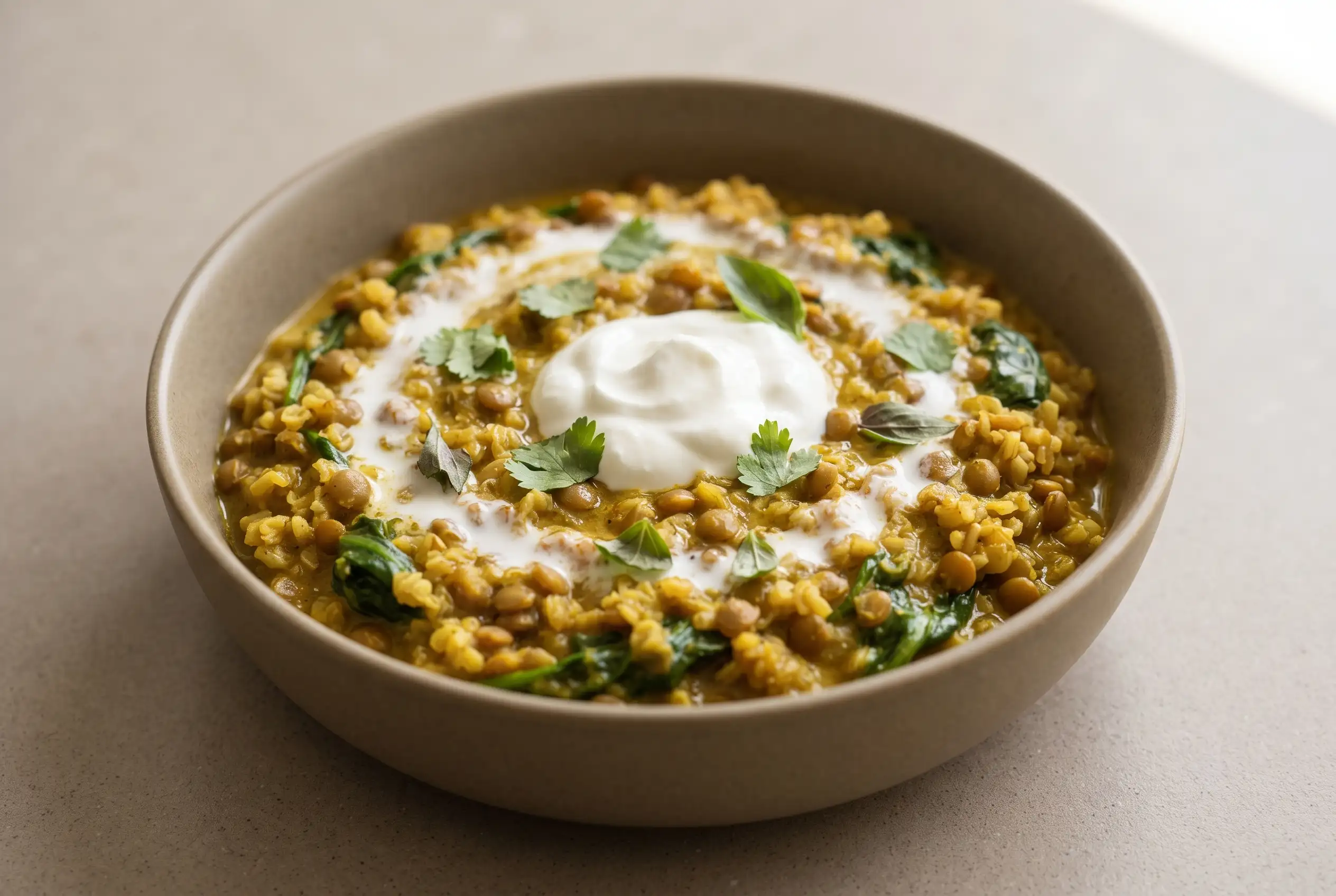 Coconut green curry lentils with bulgur and coconut milk in a creamy bowl topped with yogurt and spinach