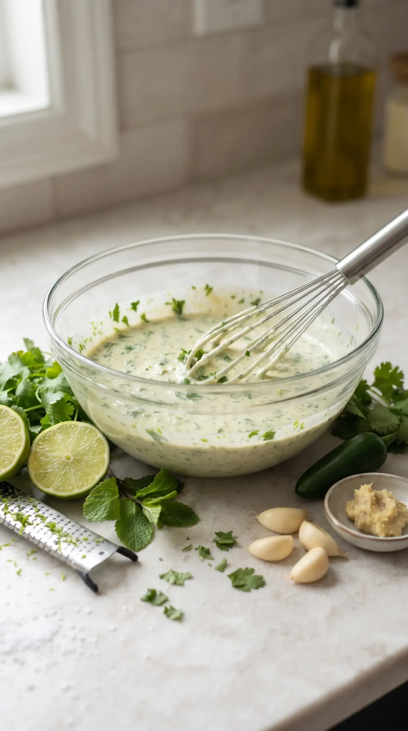Creamy coconut lime chicken marinade with herbs, lime, garlic, and lemongrass in a bowl