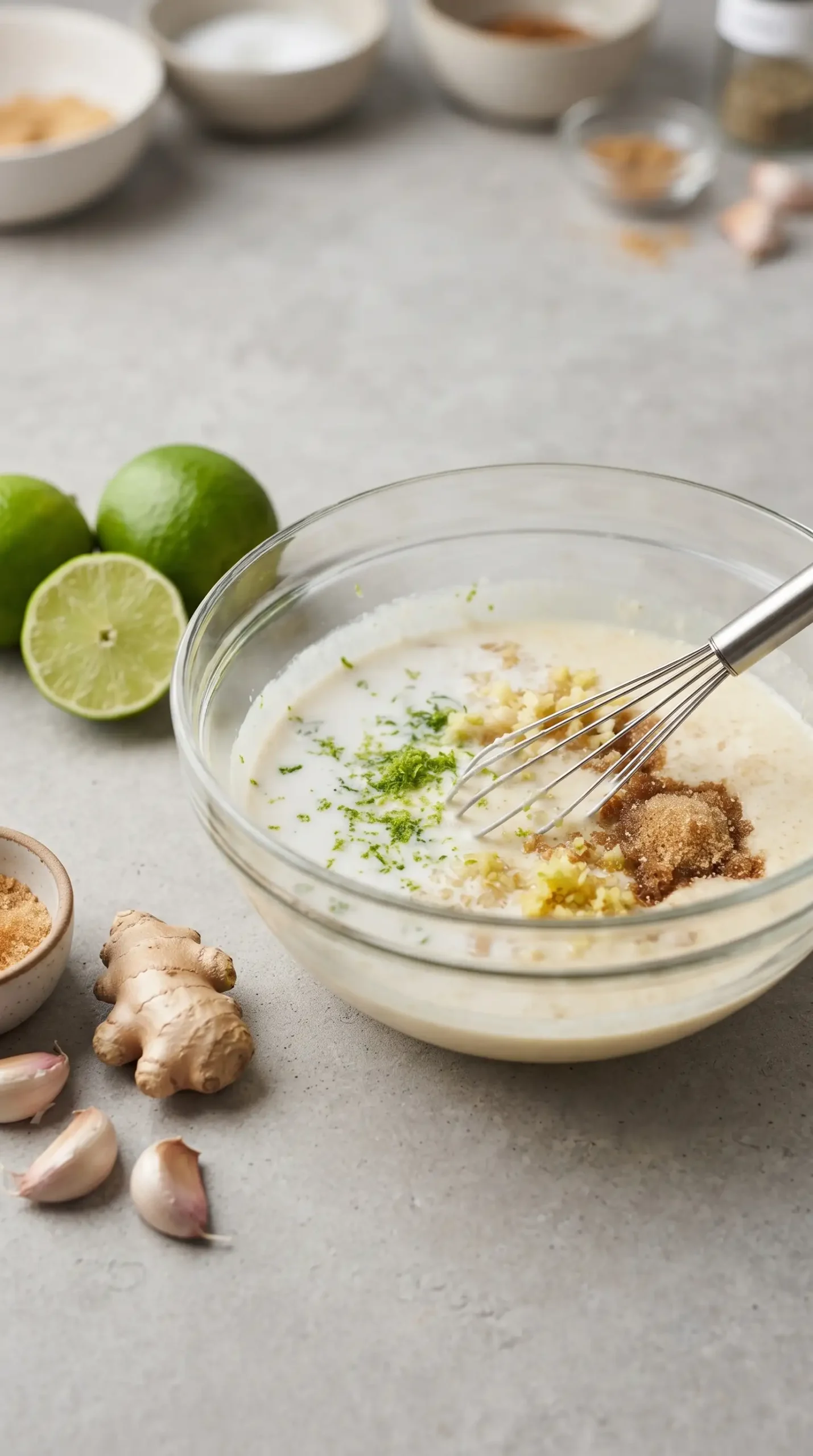 Coconut lime marinade with coconut milk, lime, garlic, ginger, and brown sugar in a bowl