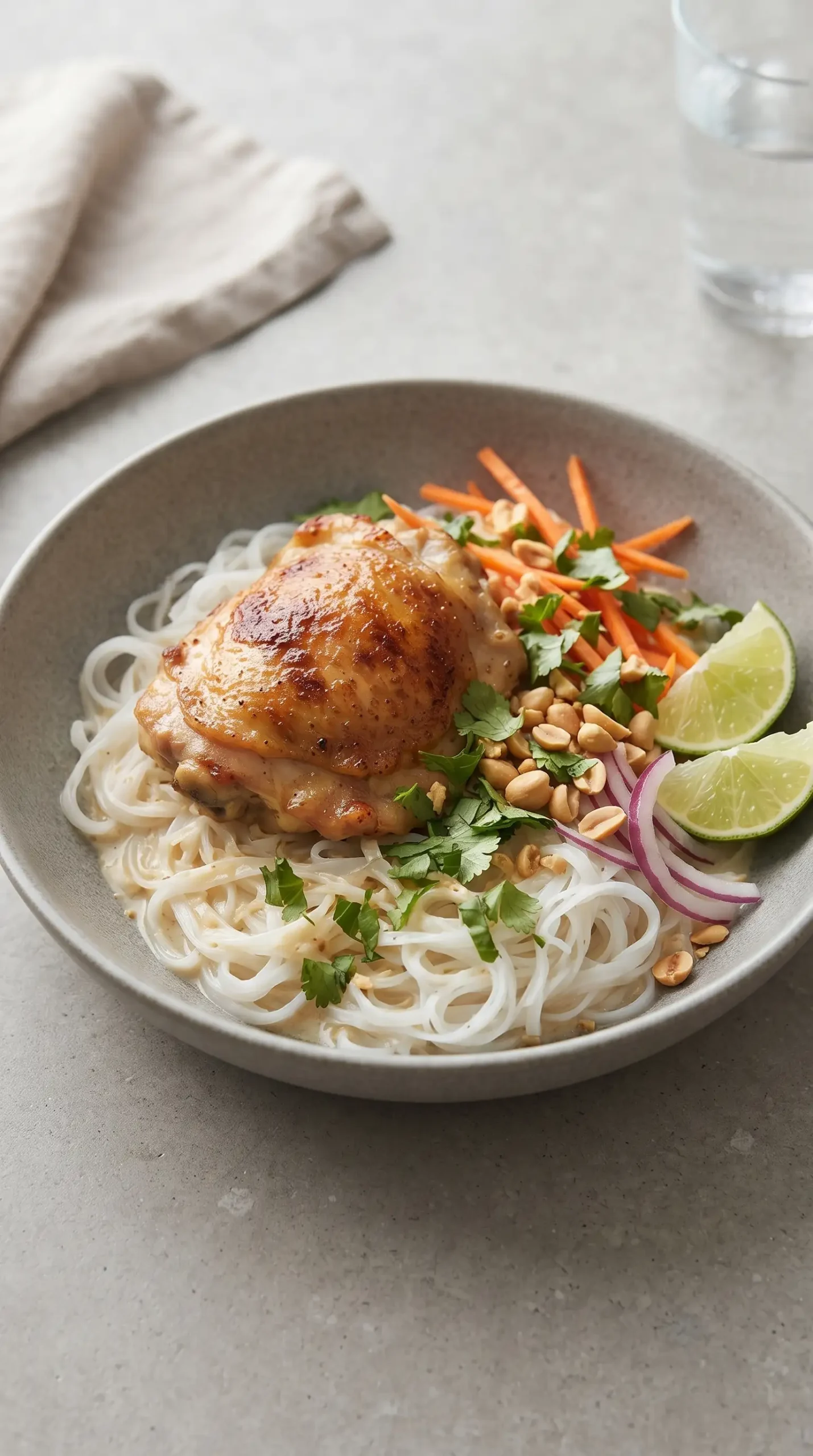 Coconut lime chicken served with rice noodles, cilantro, carrots, peanuts, and lime wedges