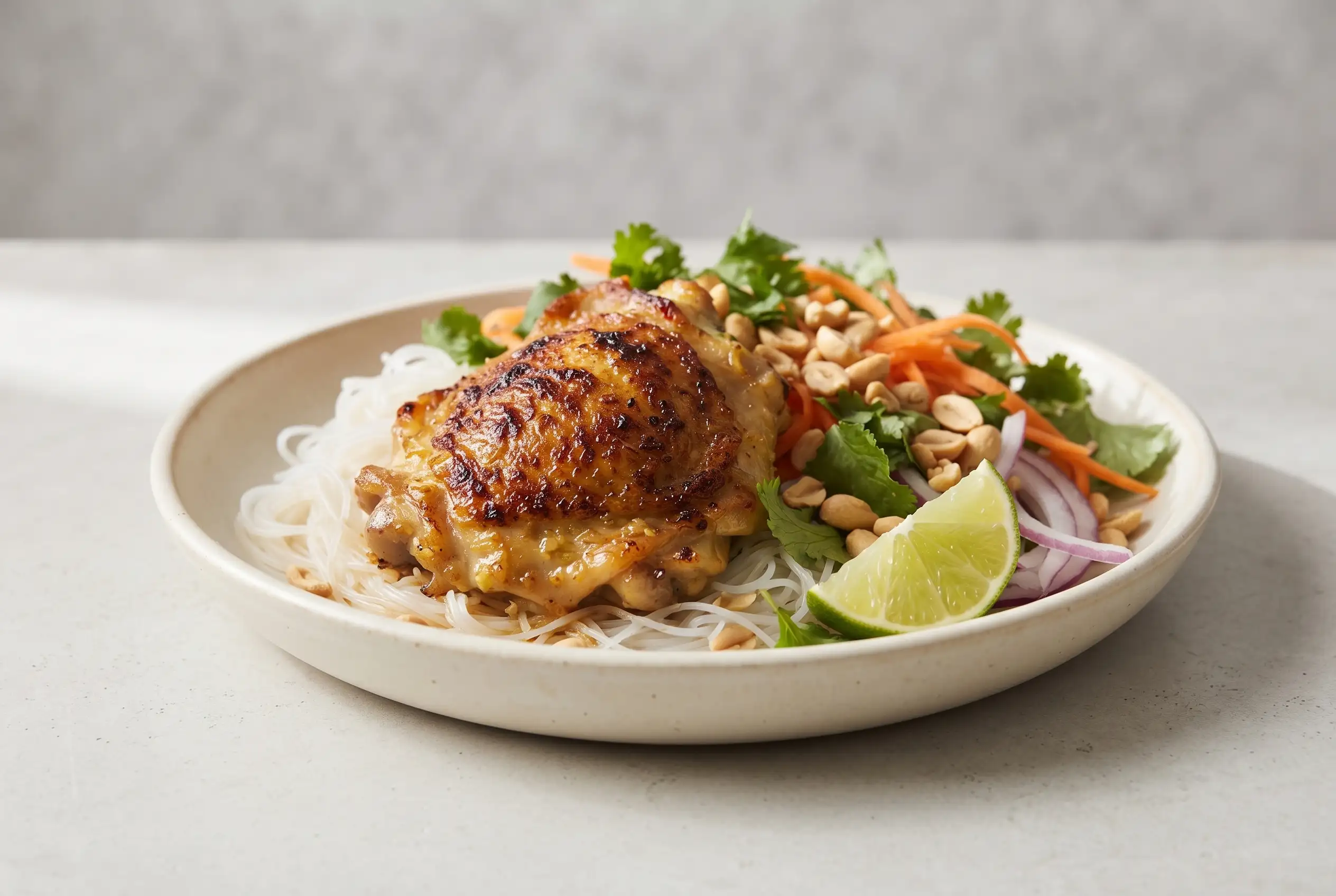 Coconut lime chicken with roasted bone-in chicken, rice noodles, cilantro, carrots, peanuts, and lime wedges