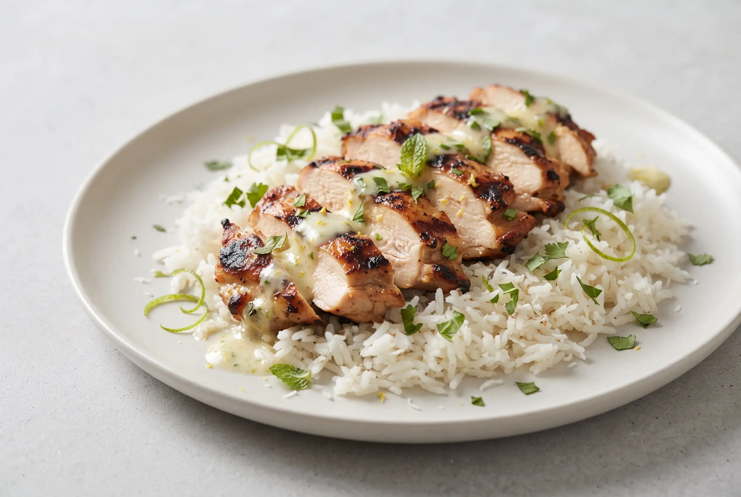 Coconut lime chicken thighs with rice, creamy sauce, cilantro, mint, and lime garnish