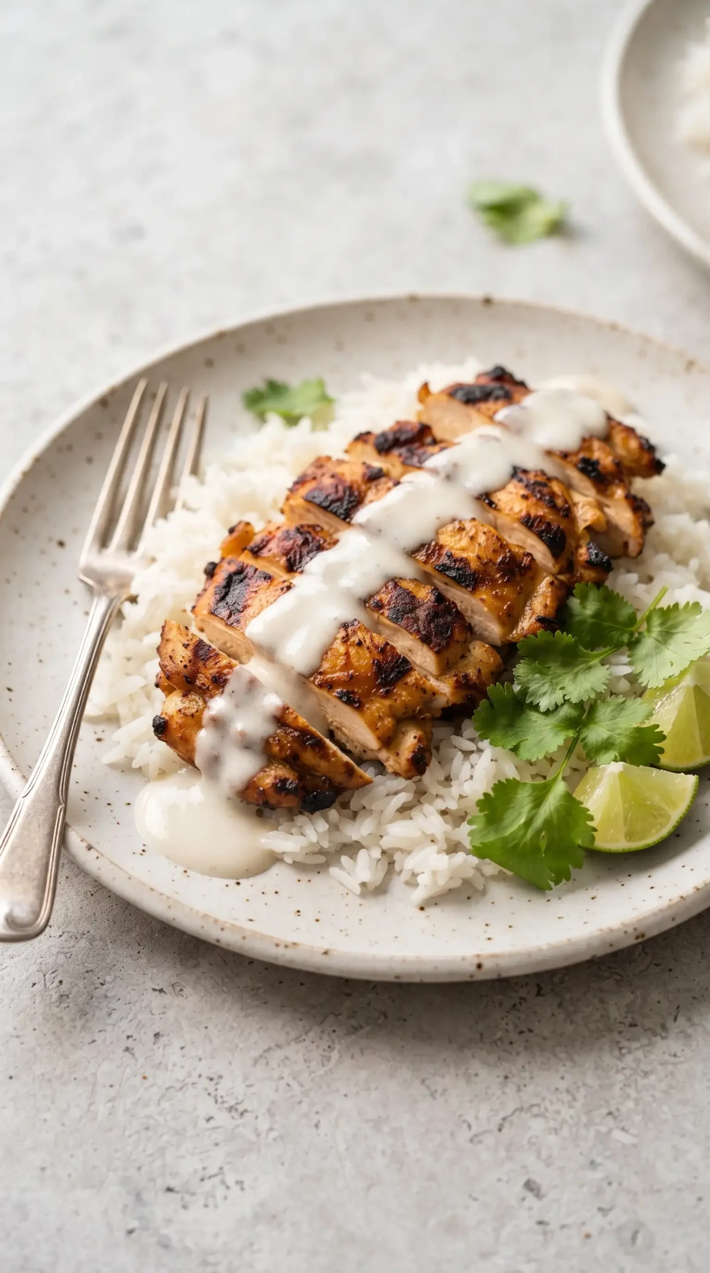 Sliced coconut lime grilled chicken over rice with creamy sauce and cilantro