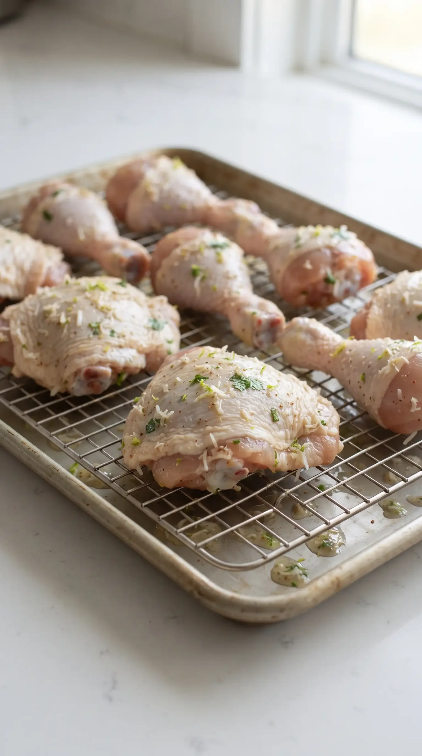 Marinated bone-in chicken thighs and drumsticks arranged on a baking sheet before roasting