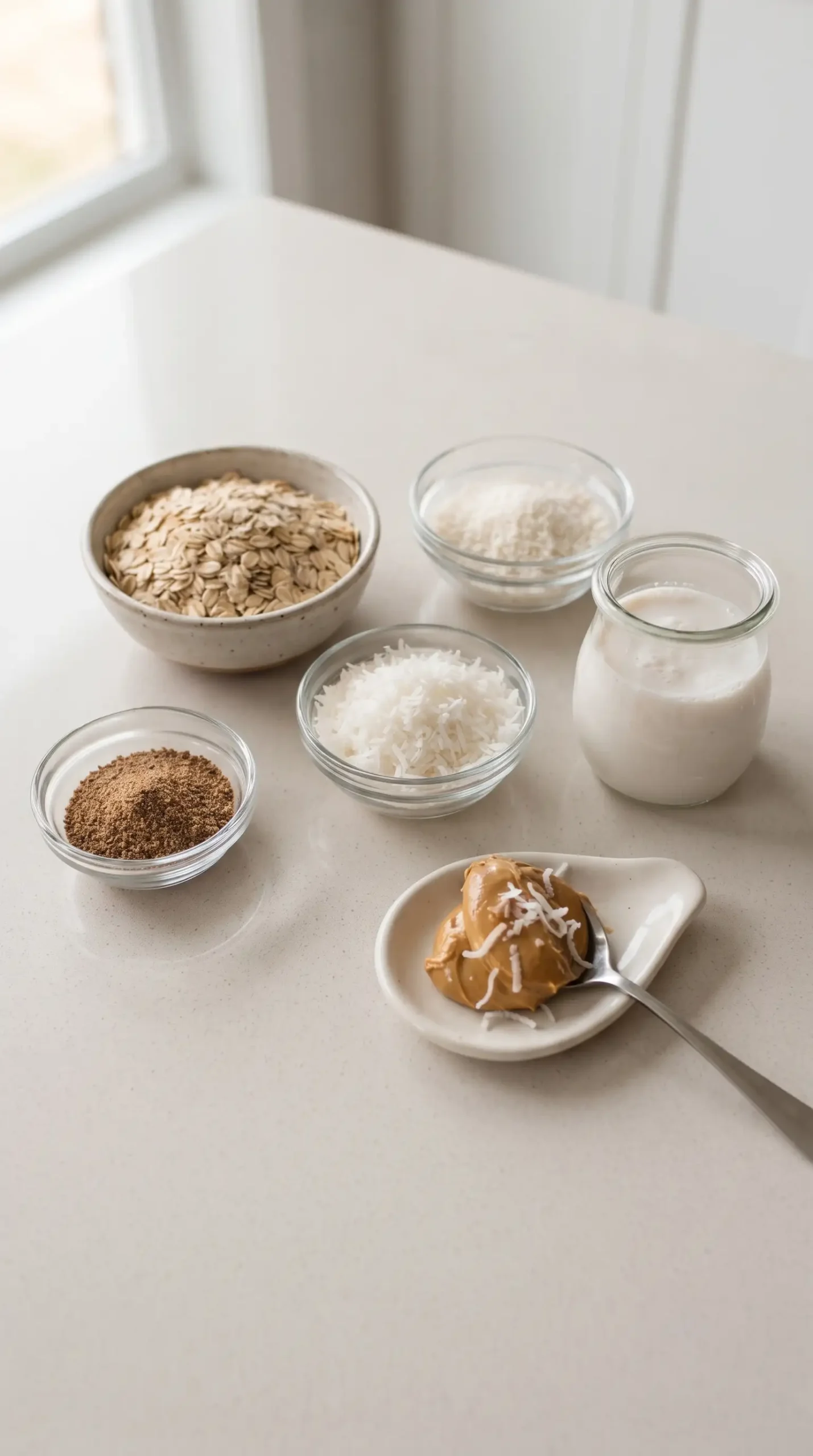 Rolled oats, coconut milk, shredded coconut, flaxseed meal, and peanut butter ingredients