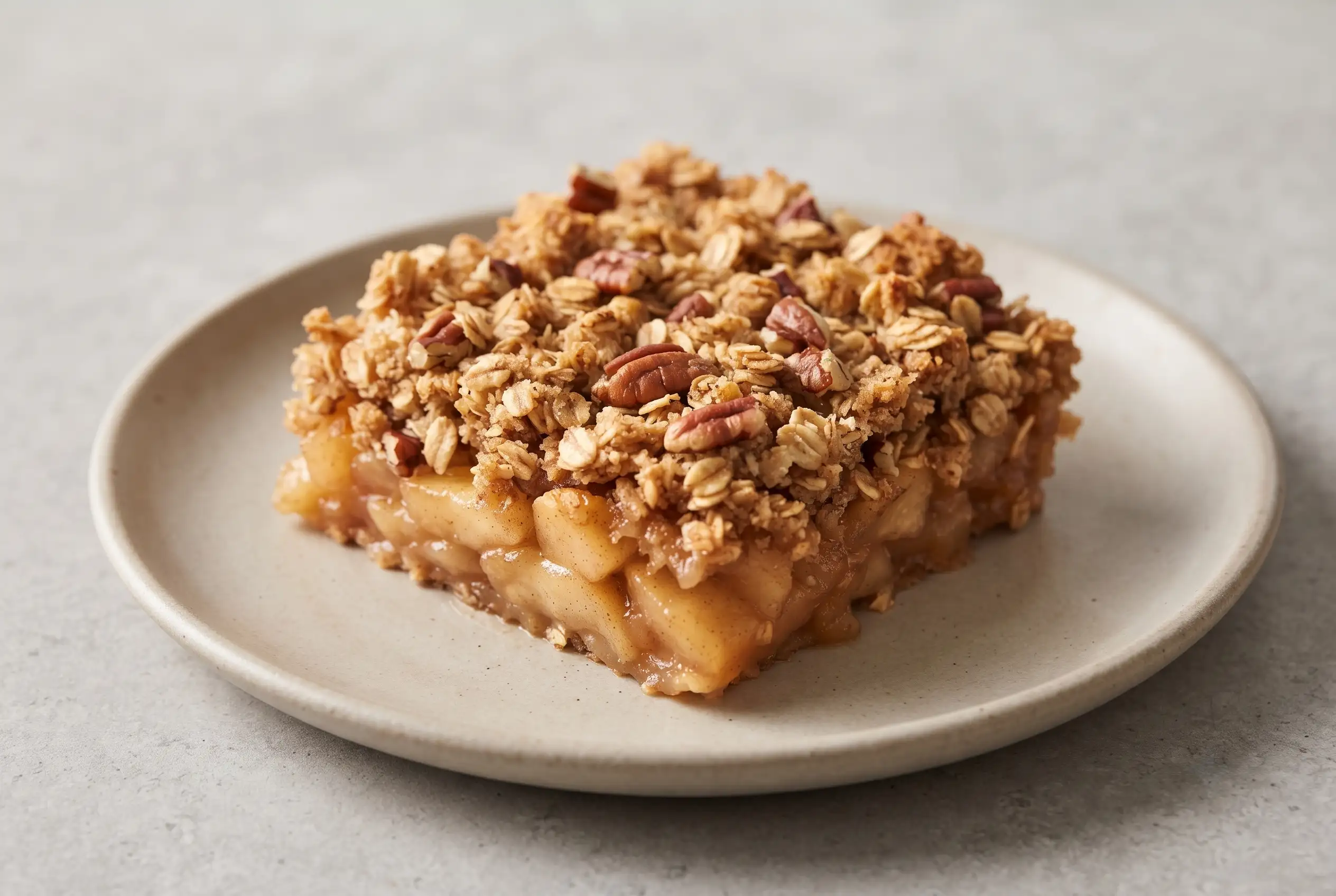 Apple crisp with coconut oil, pecans, oats, and honey on a plate