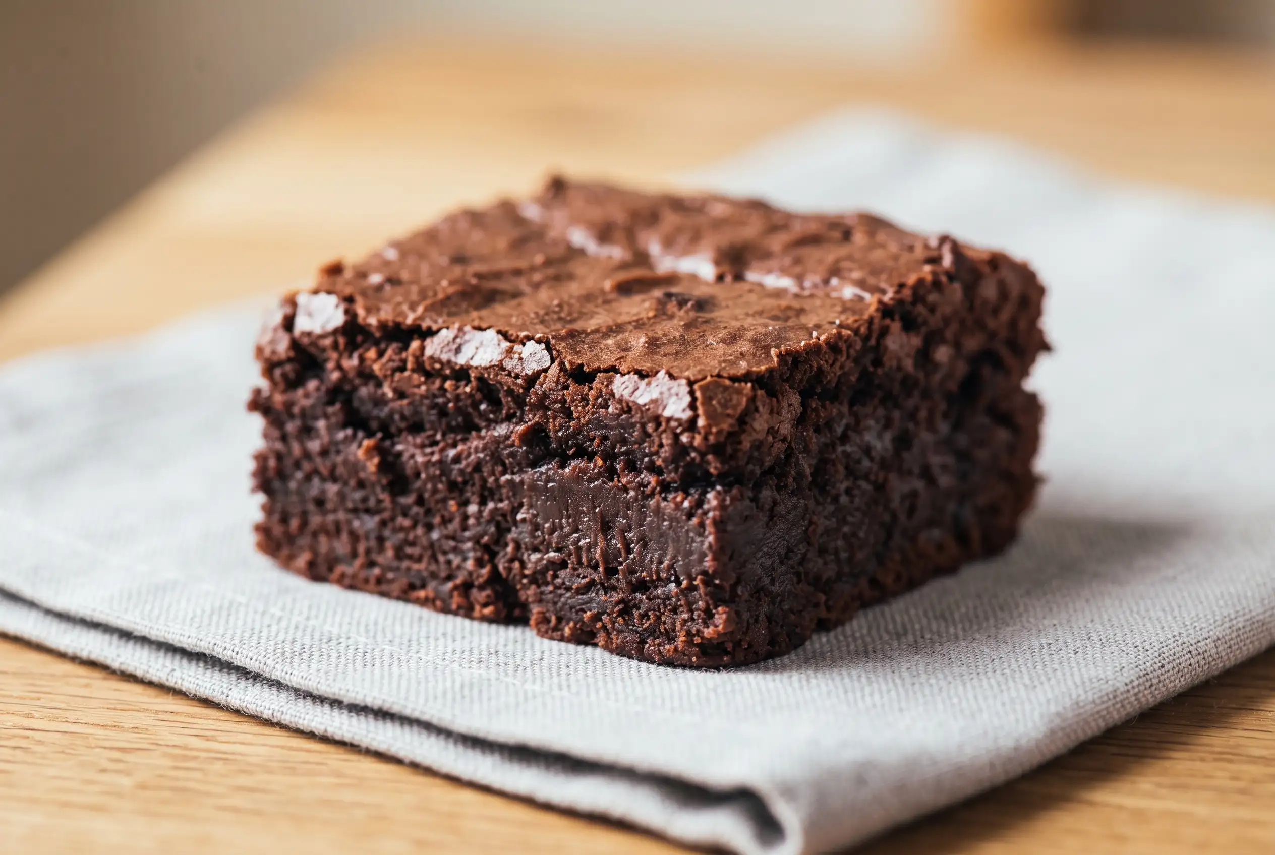 Extra Fudgy Coconut Oil Brownie Single square coconut oil brownie with a dense fudgy chocolate center and crackled top