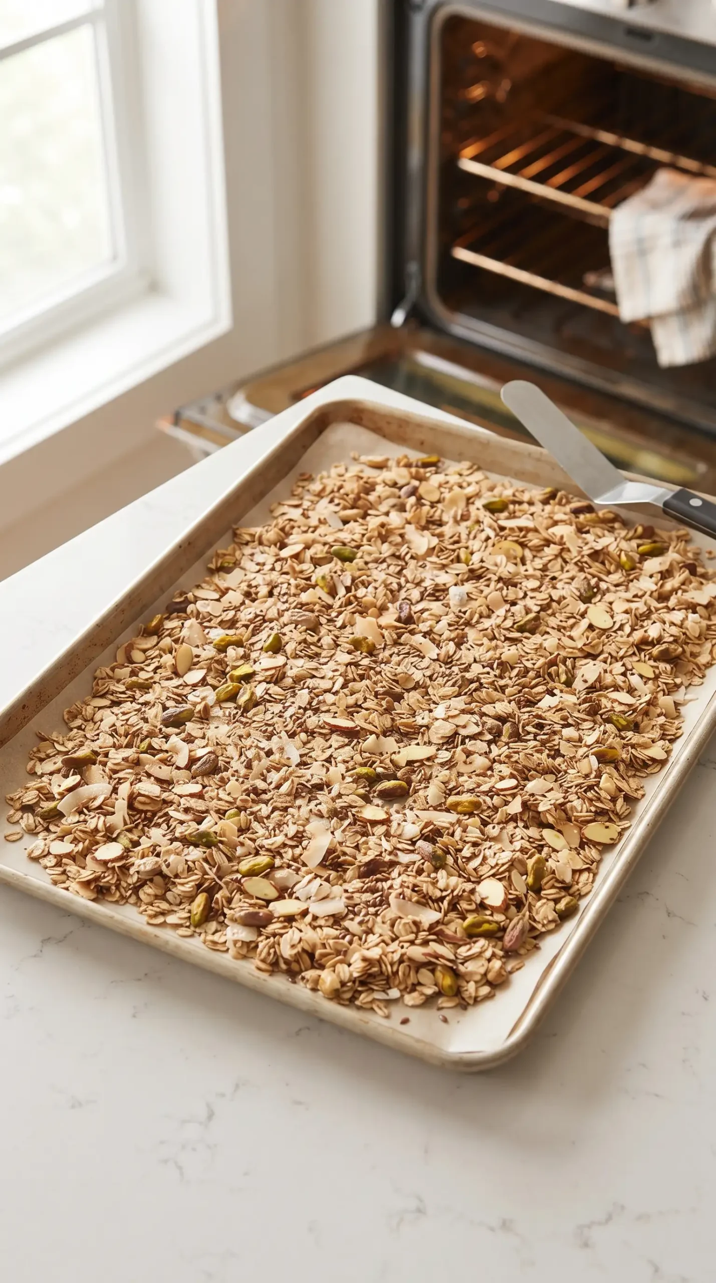 Coconut oil granola mixture spread evenly on a baking sheet before baking