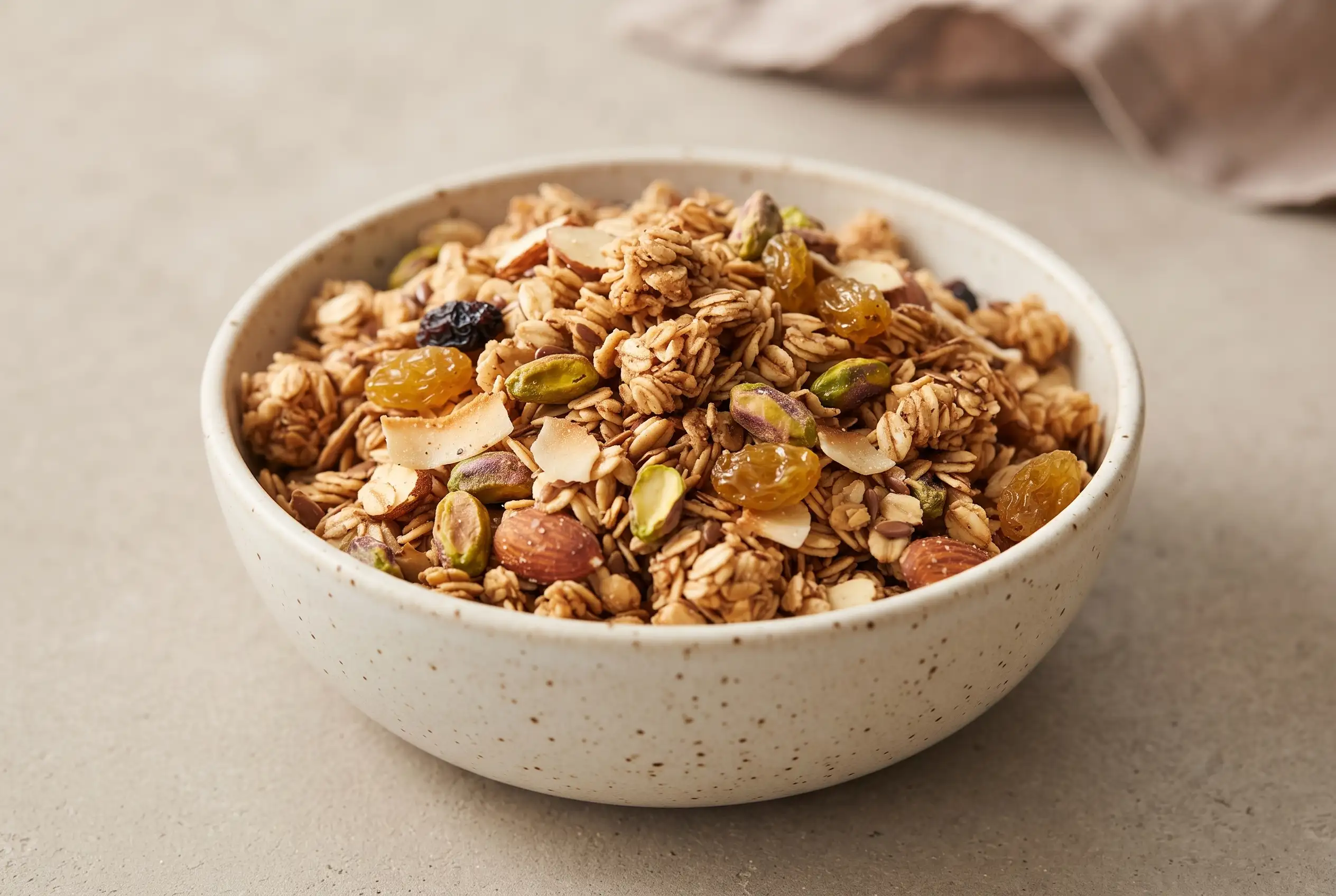 Bowl of coconut oil granola with toasted oats, almonds, pistachios, coconut flakes, and raisins