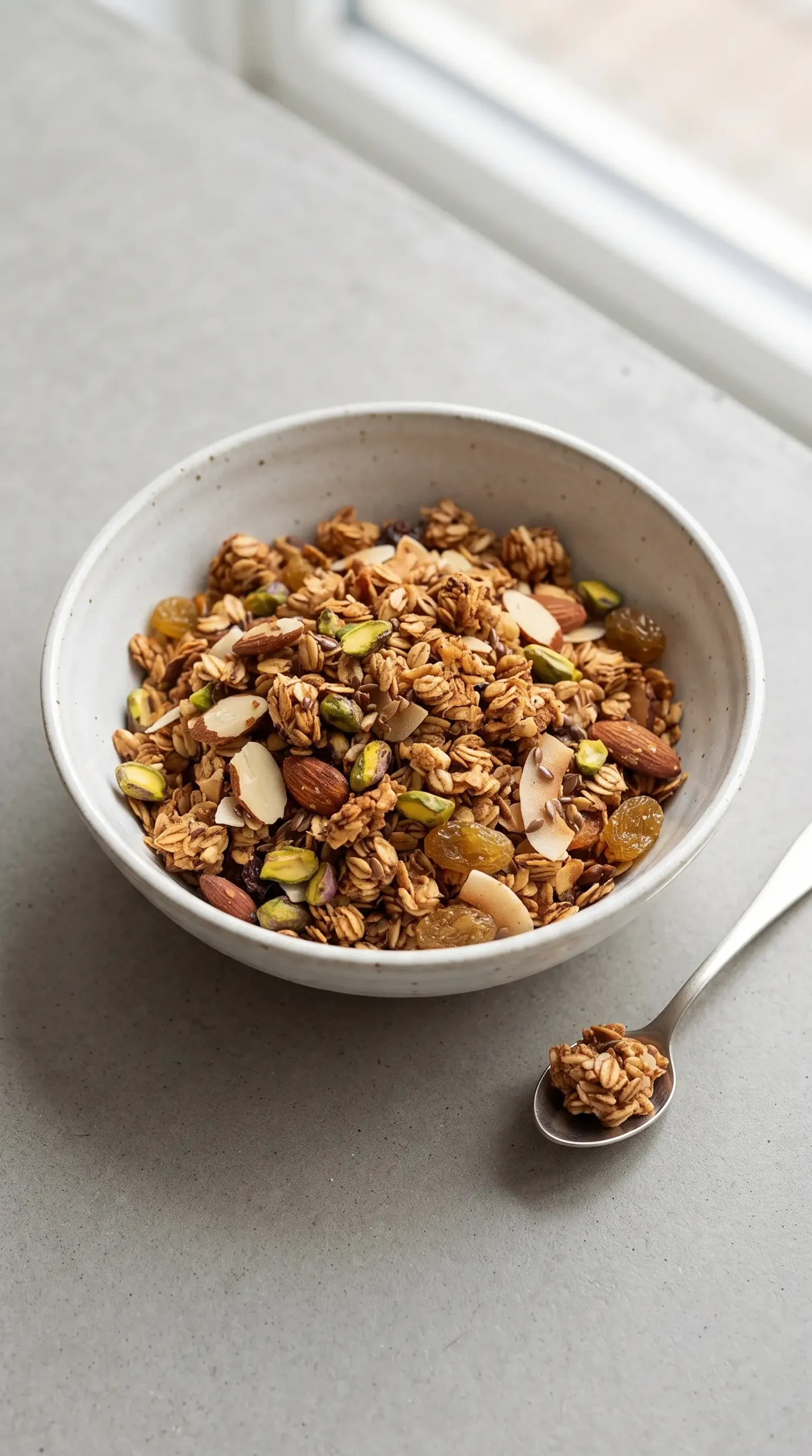 Serving bowl of coconut oil granola with toasted clusters, nuts, coconut, and raisins