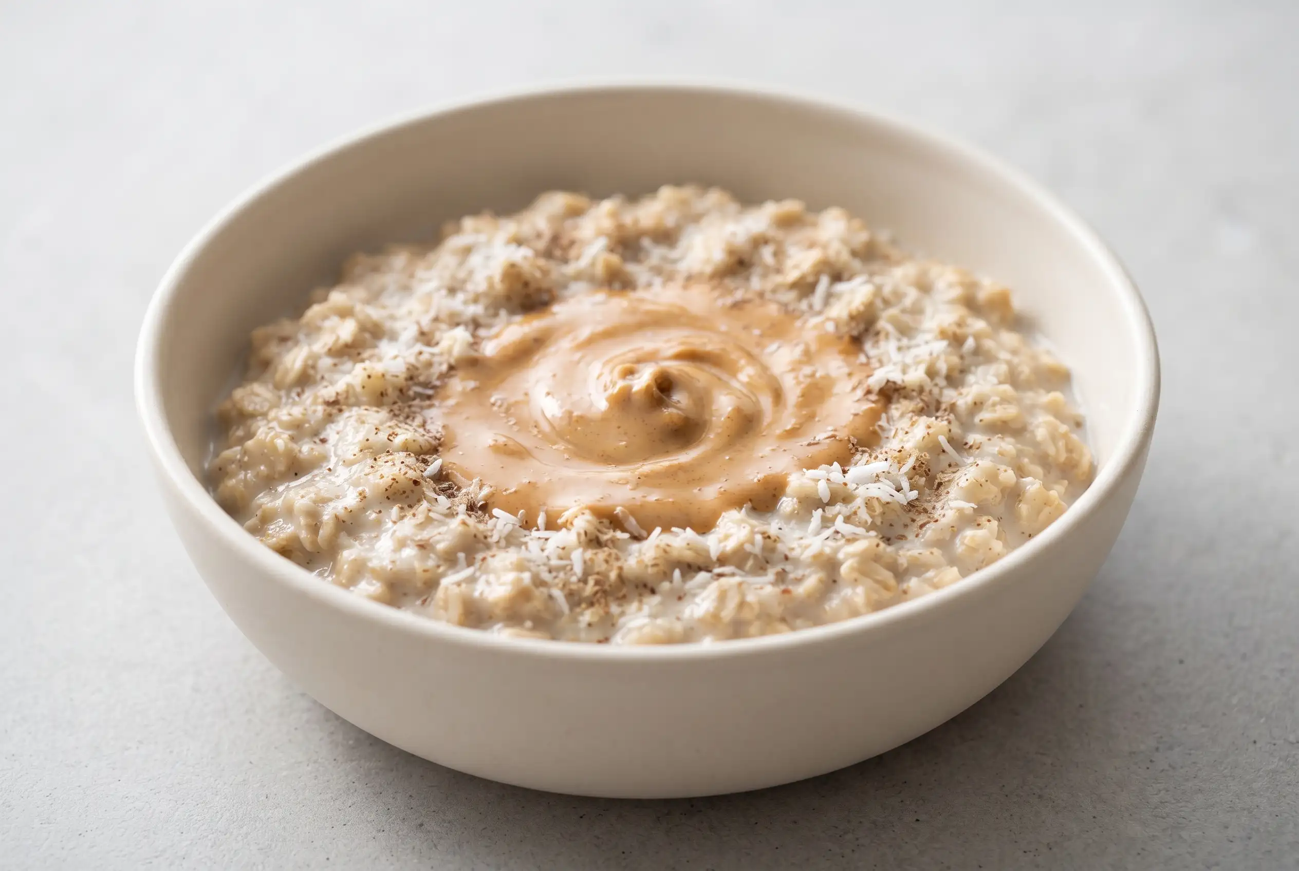 Coconut peanut butter oatmeal with creamy oats, coconut milk, peanut butter, coconut, and flaxseed