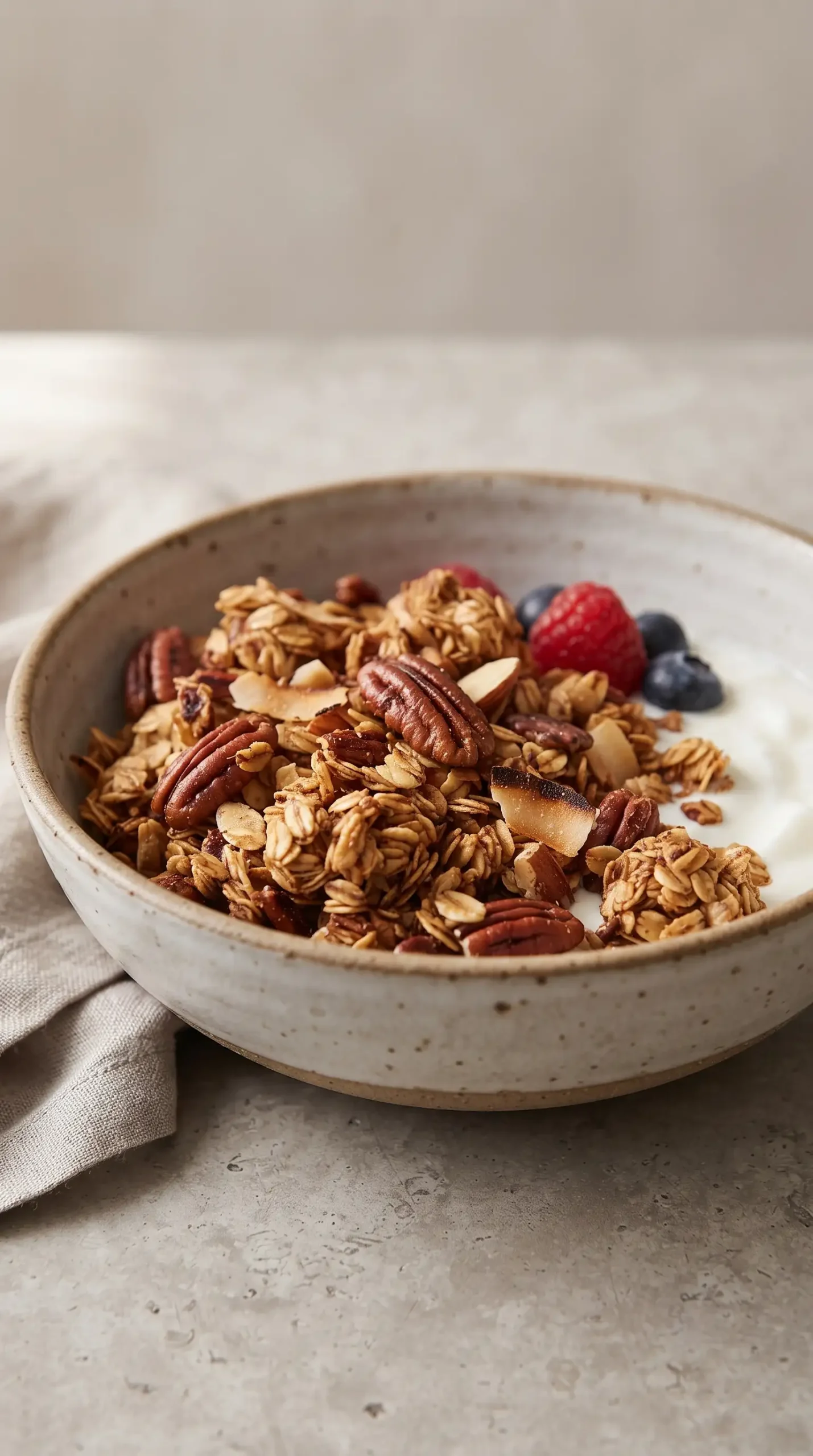 Coconut pecan granola clusters served with yogurt and fruit in a bowl