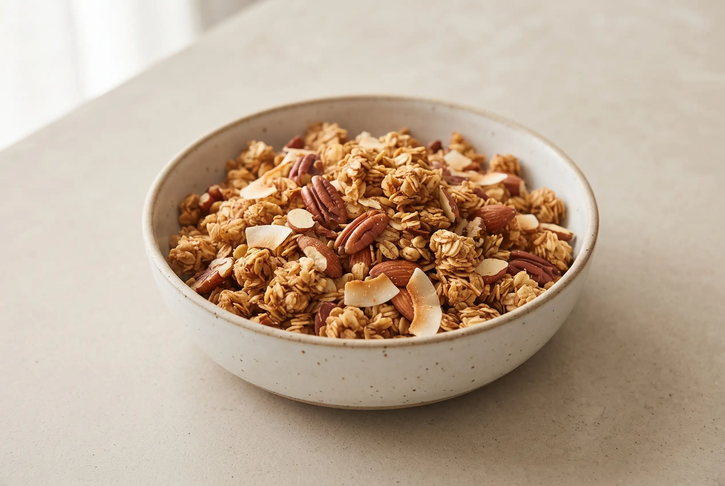 Coconut Pecan Granola Bowl Coconut pecan granola with honey, toasted oats, nuts, and coconut flakes in a ceramic bowl