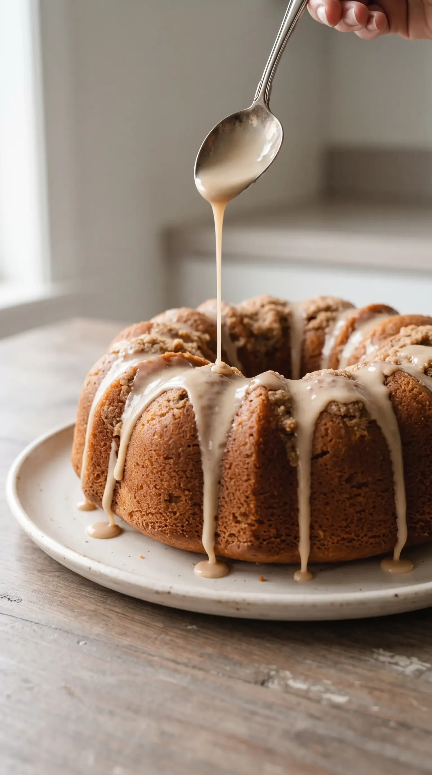 Coffee glaze drizzled over a cooled Bundt cake with curved ridges