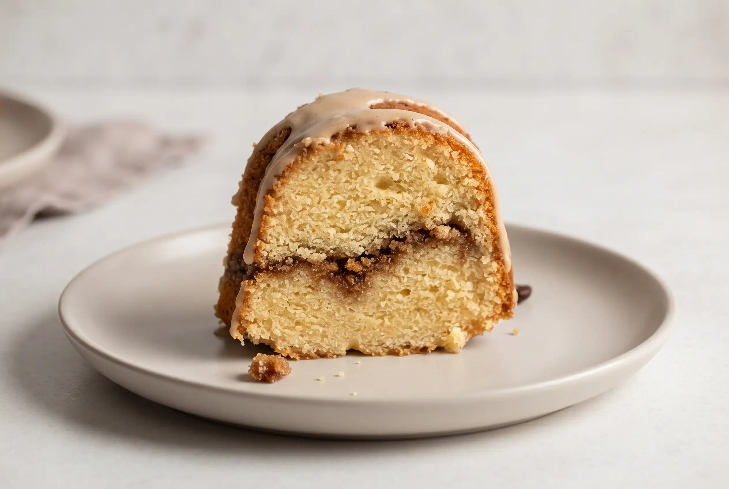 Slice of coffee streusel cake with brown sugar filling and coffee glaze on a plate
