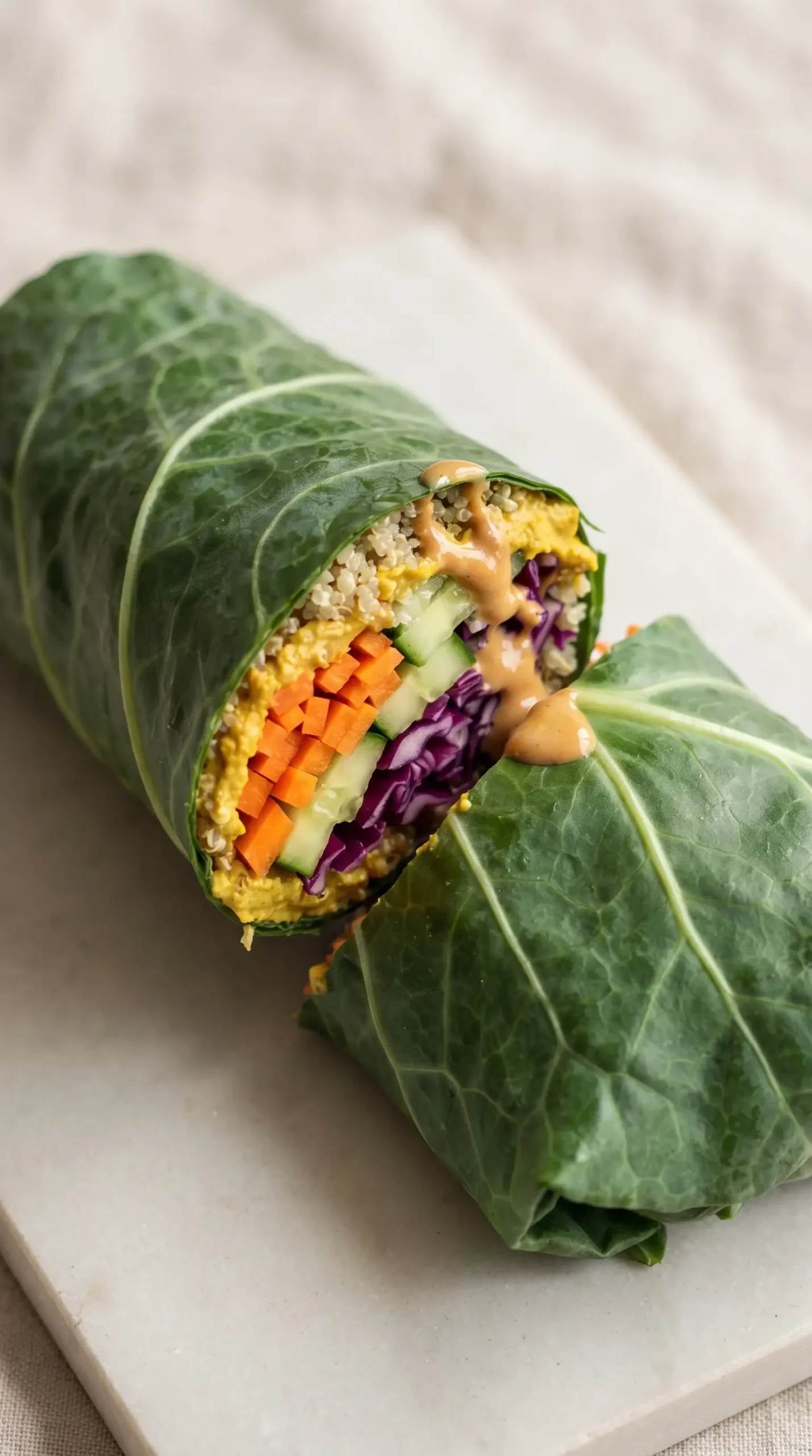 Cut collard wrap filled with carrots, cucumber, red cabbage, curry hummus, quinoa, and peanut sauce.