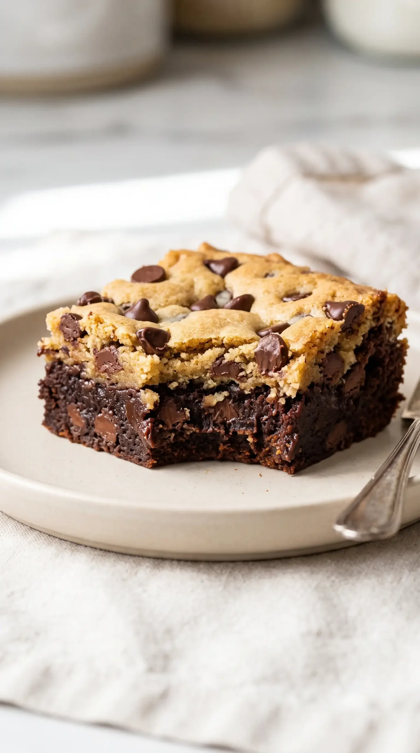Cut chocolate chip cookie brownies square showing fudgy brownie and cookie layers