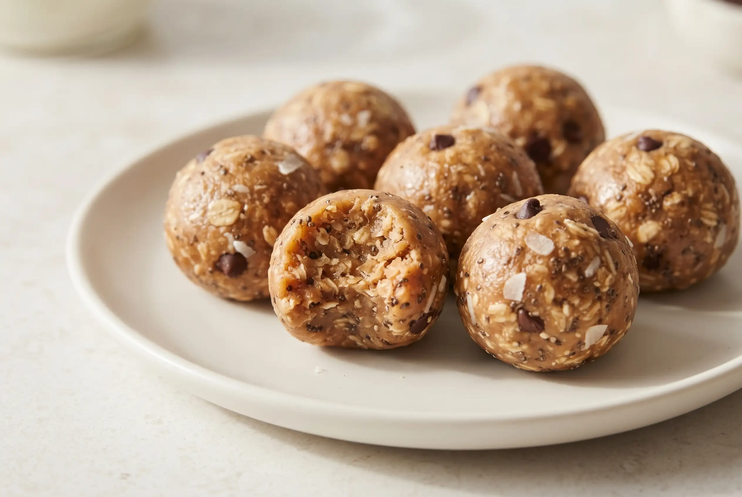 Cookie dough energy bites with chocolate chips and coconut on a ceramic plate