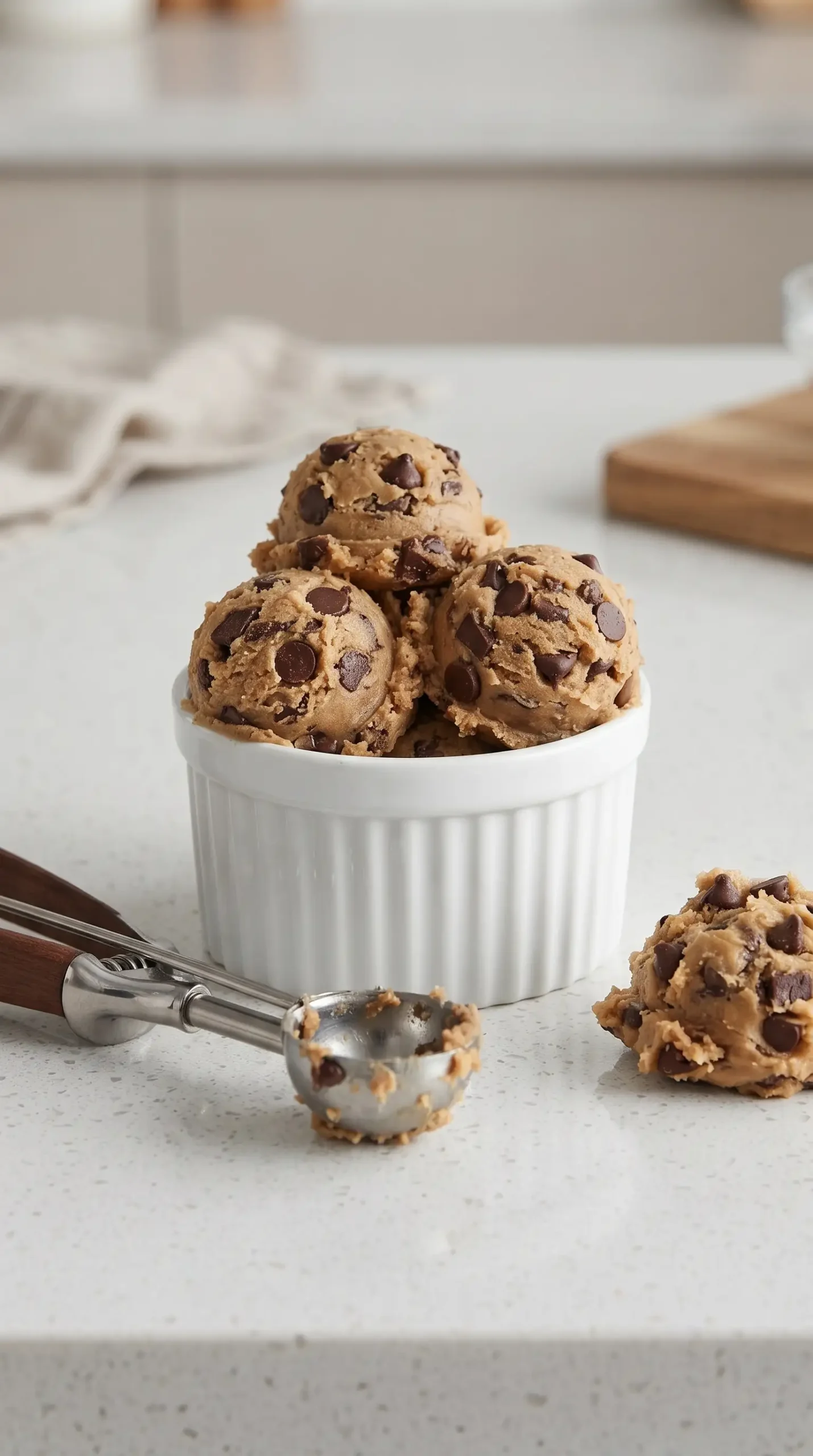 Ramekin filled with chocolate chip cookie dough ready for baking
