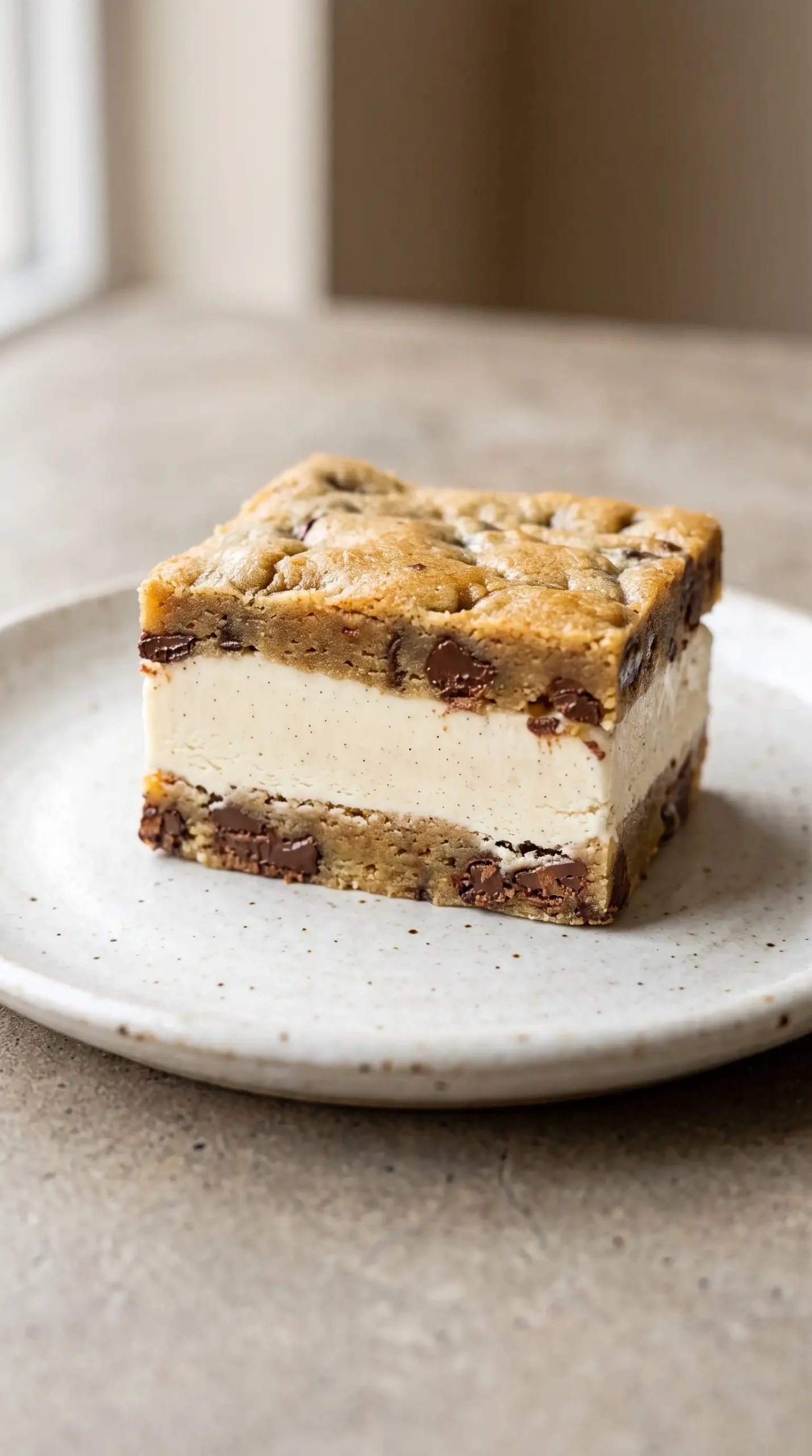 Chocolate chip cookie ice cream bar showing cookie layers around a vanilla ice cream center