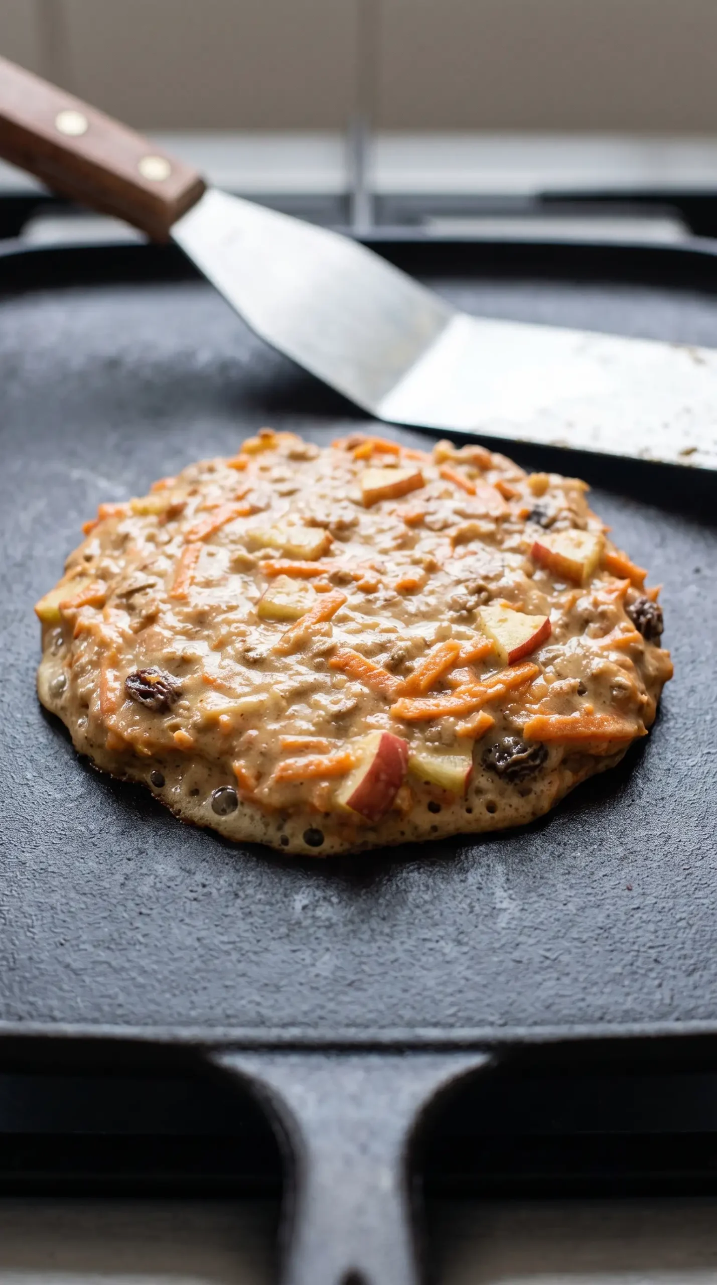 Thick apple carrot pancake batter cooking on a griddle before flipping