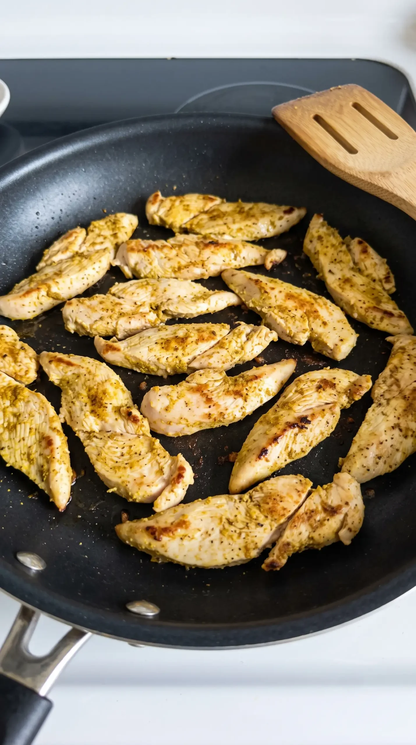 Seasoned chicken breast pieces cooking in a skillet for curry chicken salad