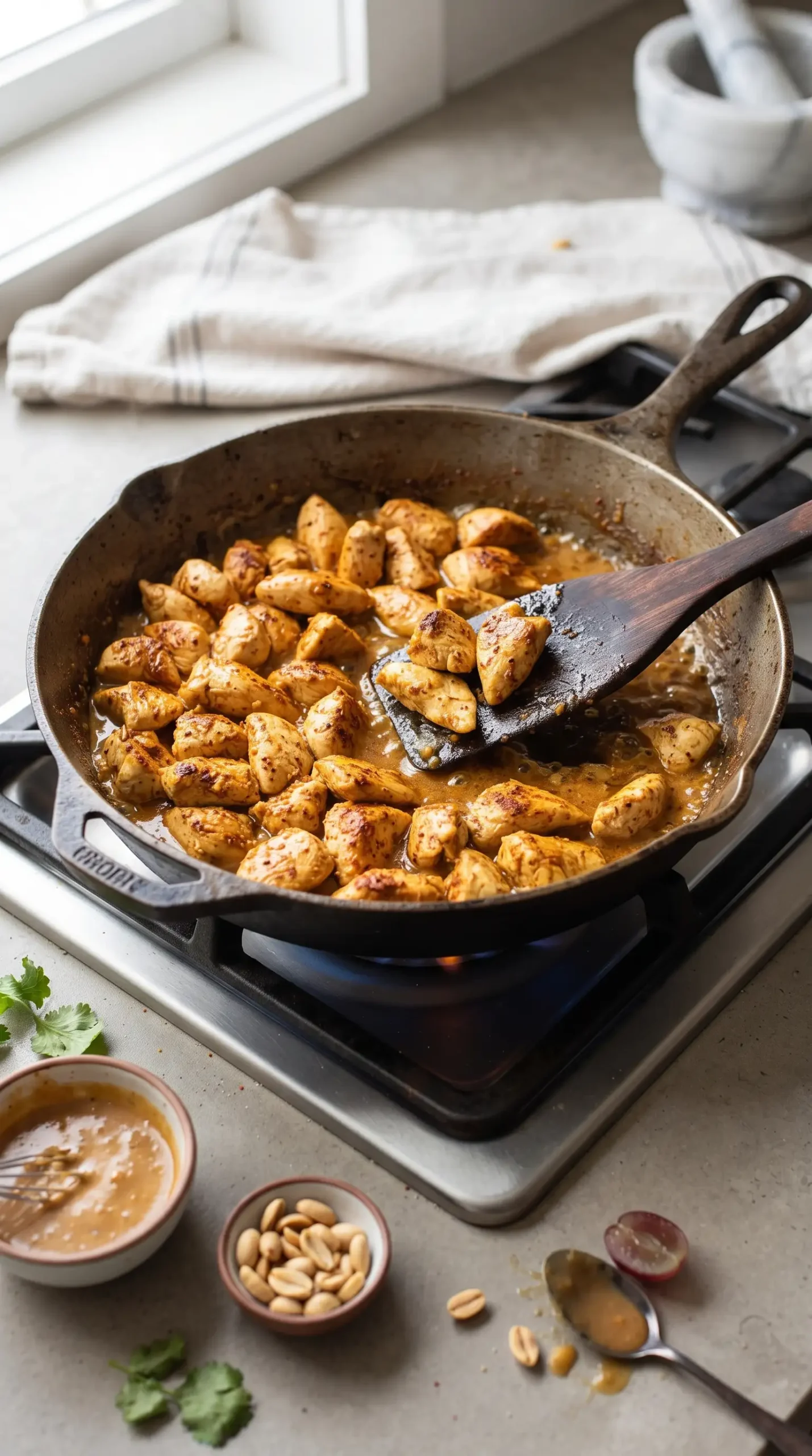 Chicken pieces cooking in a skillet with chili powder seasoning for lettuce wraps