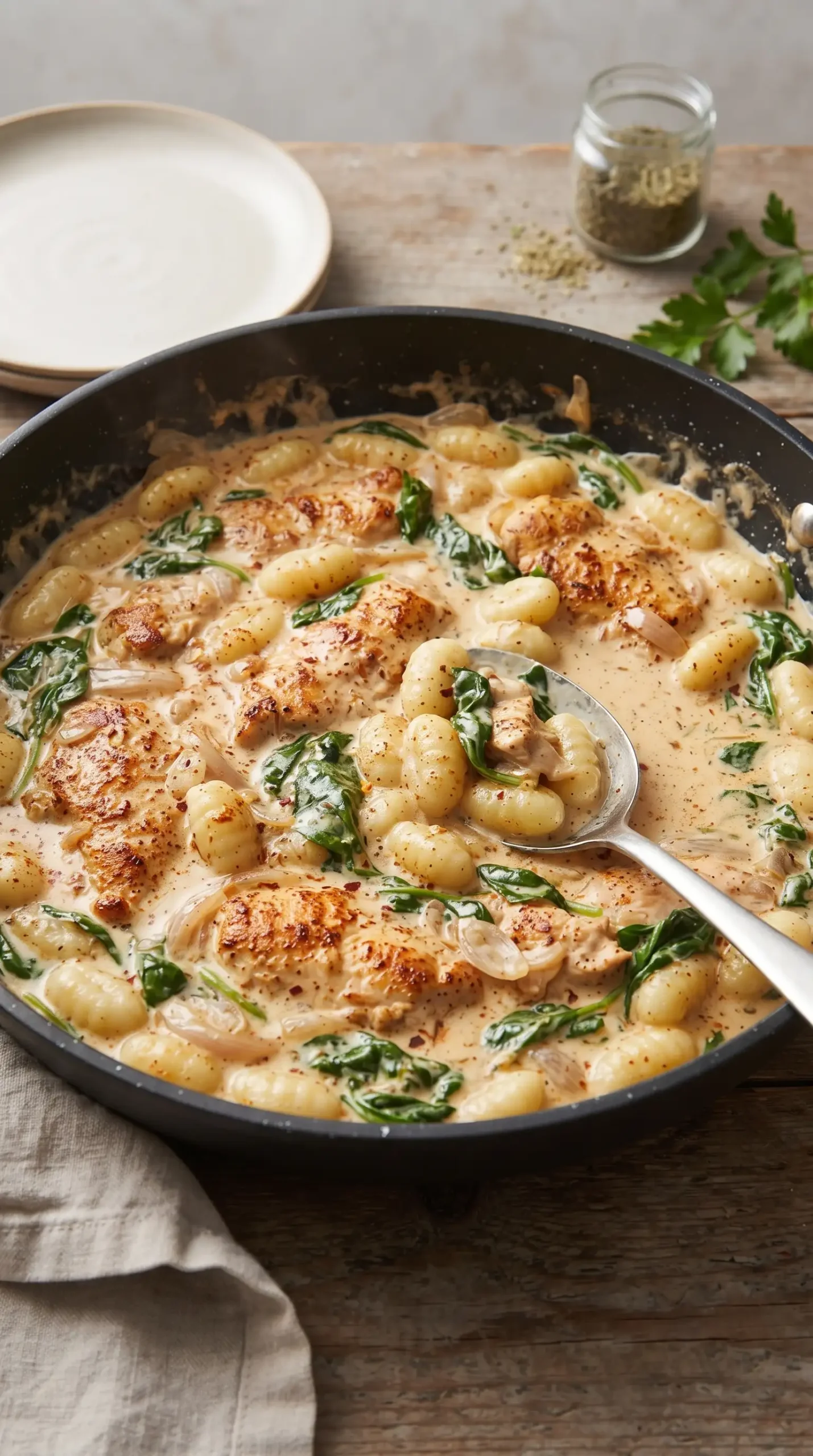 Skillet cooking creamy chicken gnocchi with seared chicken, spinach, tomatoes, and sauce