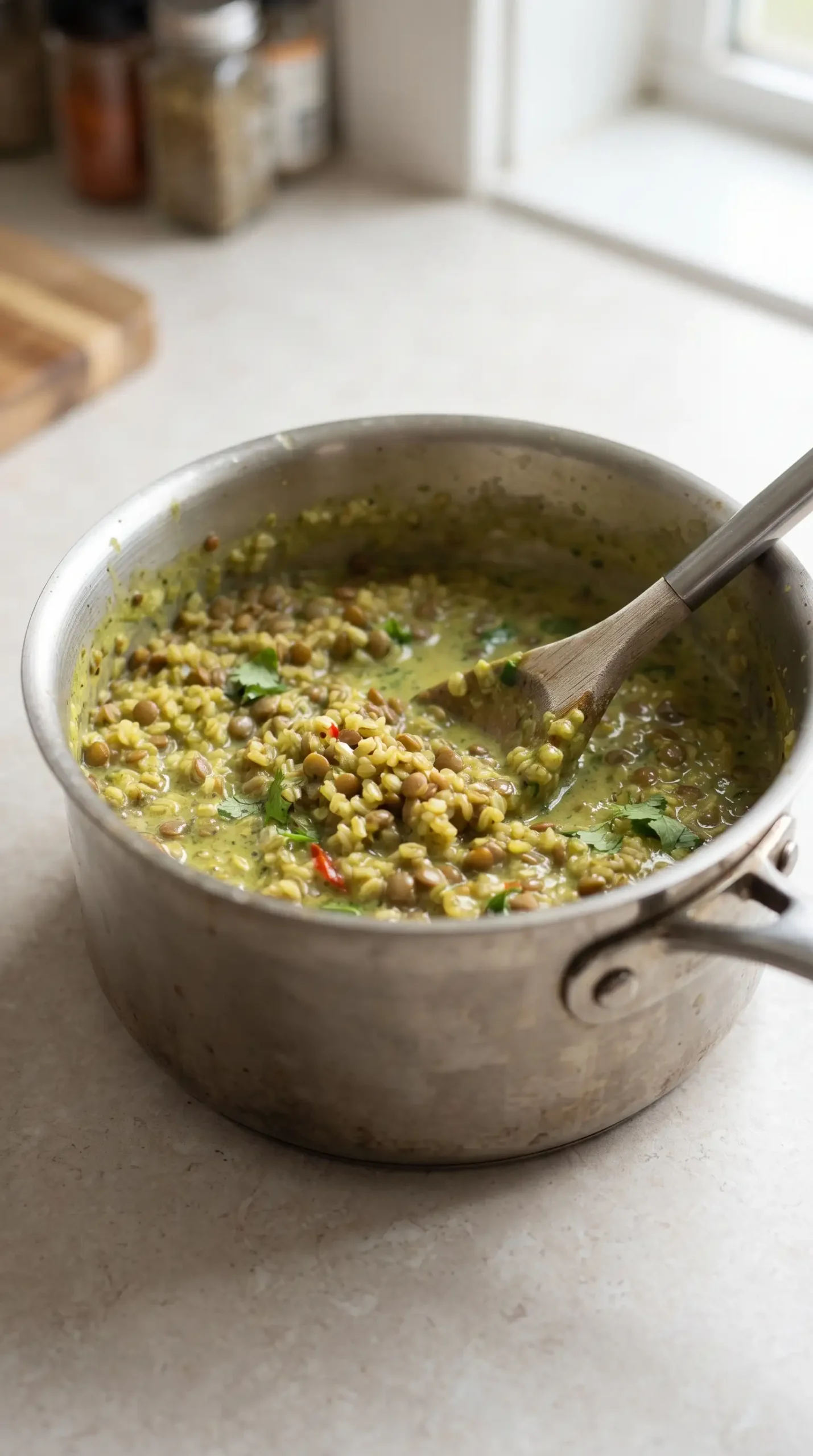 Coconut green curry lentils cooking in a saucepan as lentils and bulgur absorb the creamy curry mixture