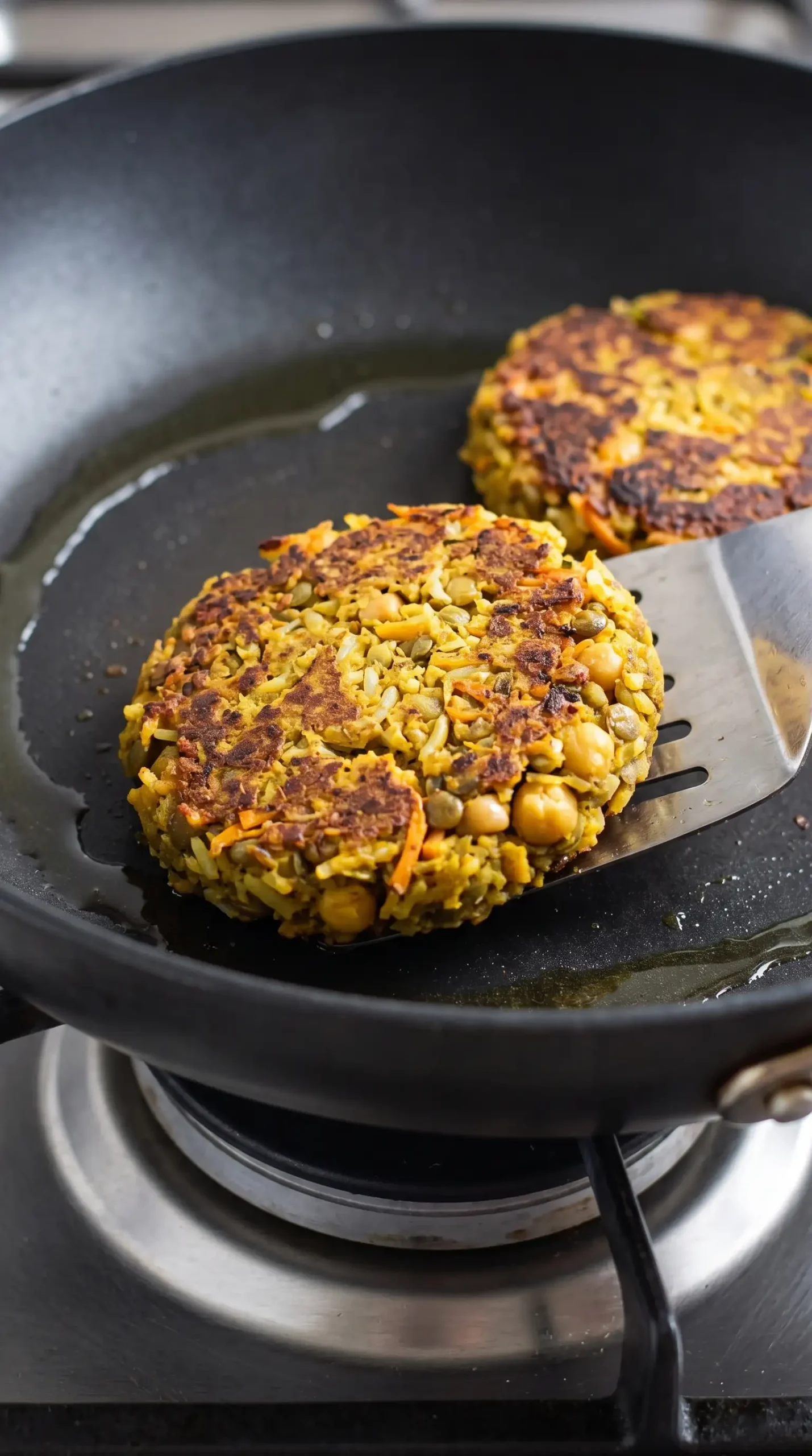 Curried veggie burger patty cooking in a skillet with a browned crisp exterior