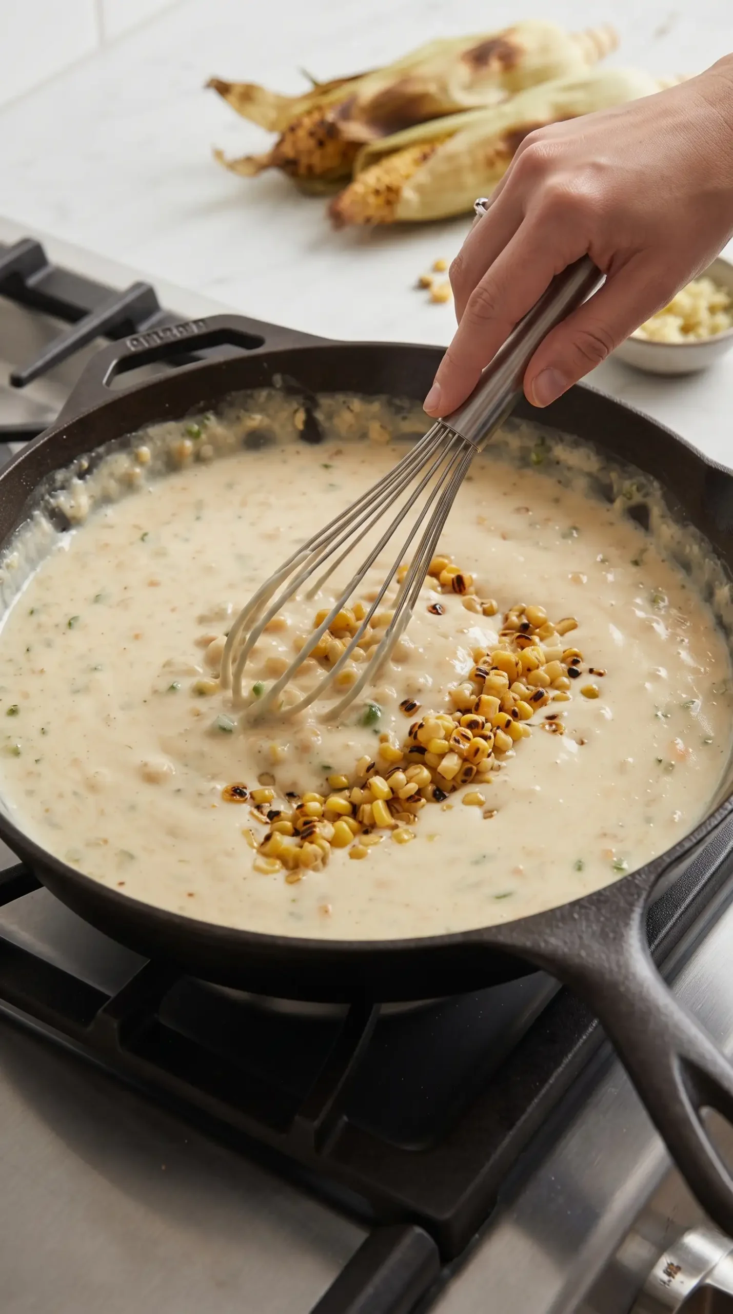 Professional food photography close-up of the cooking process for elote queso in a skillet: a cook's hand gently whisking a smooth creamy cheese sauce in a large skillet while softened minced jalapeño and garlic are visible in the sauce base. Show the melted Chihuahua cheese texture becoming cohesive with milk and flour mixture, with the skillet on a stovetop and ingredients at the correct preparation stage. Keep the focus on gentle cooking technique, realistic kitchen lighting, and natural textures. No final garnishes, no serving bowl, no tortilla chips.