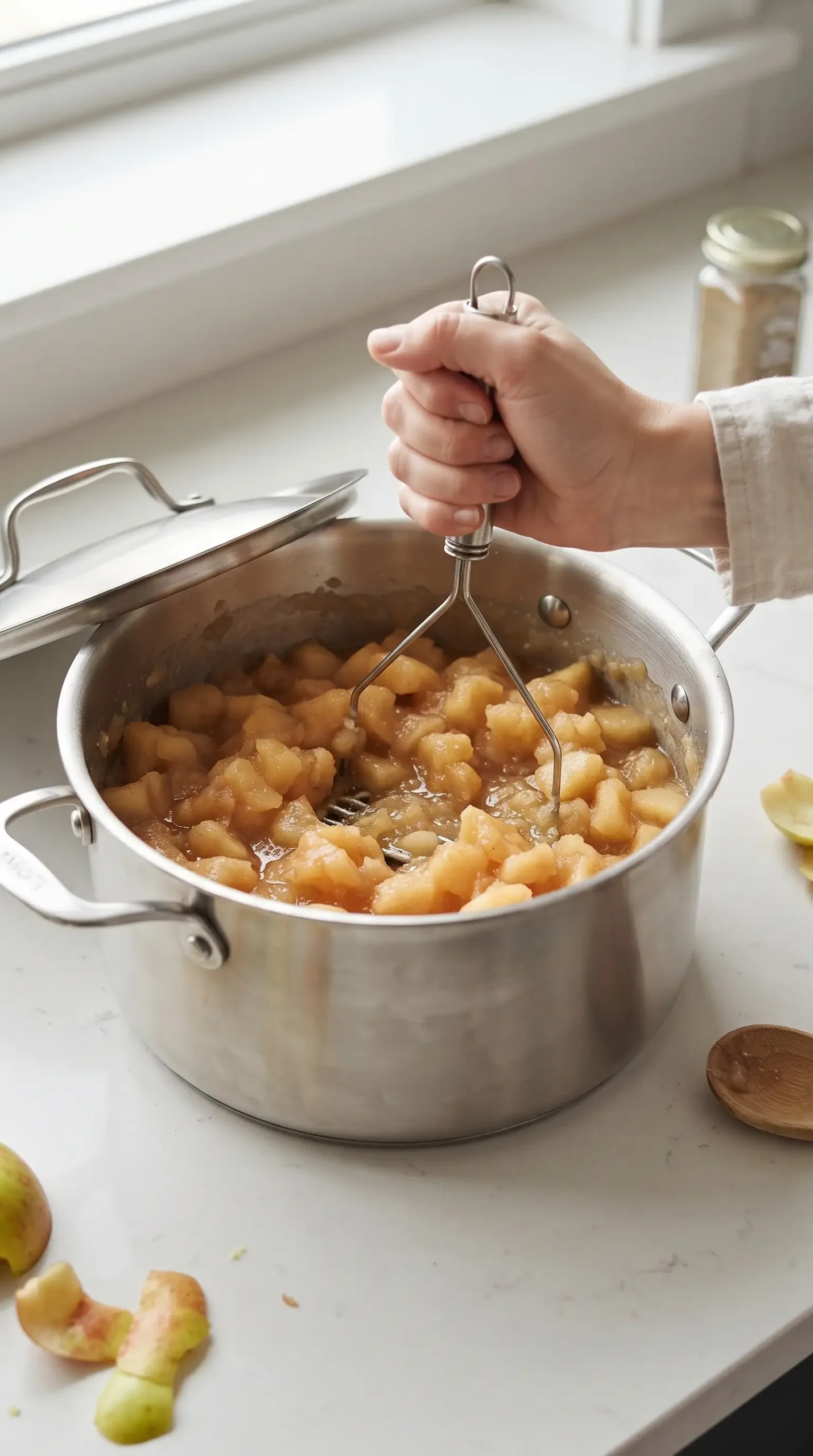 Softened Granny Smith apples being mashed into applesauce in a covered pot