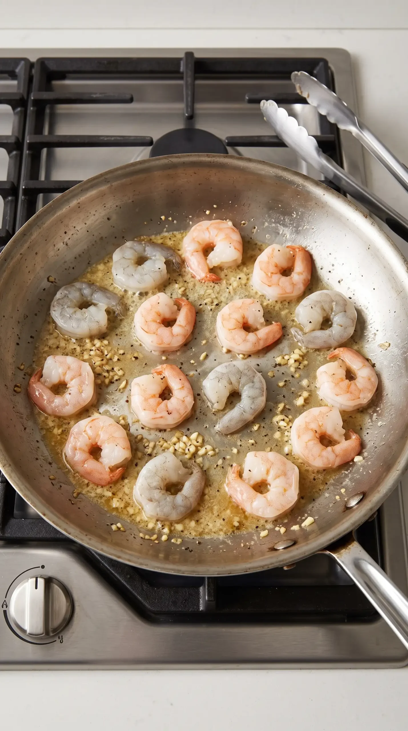 Shrimp cooking in butter and garlic in a skillet for lemon shrimp pasta