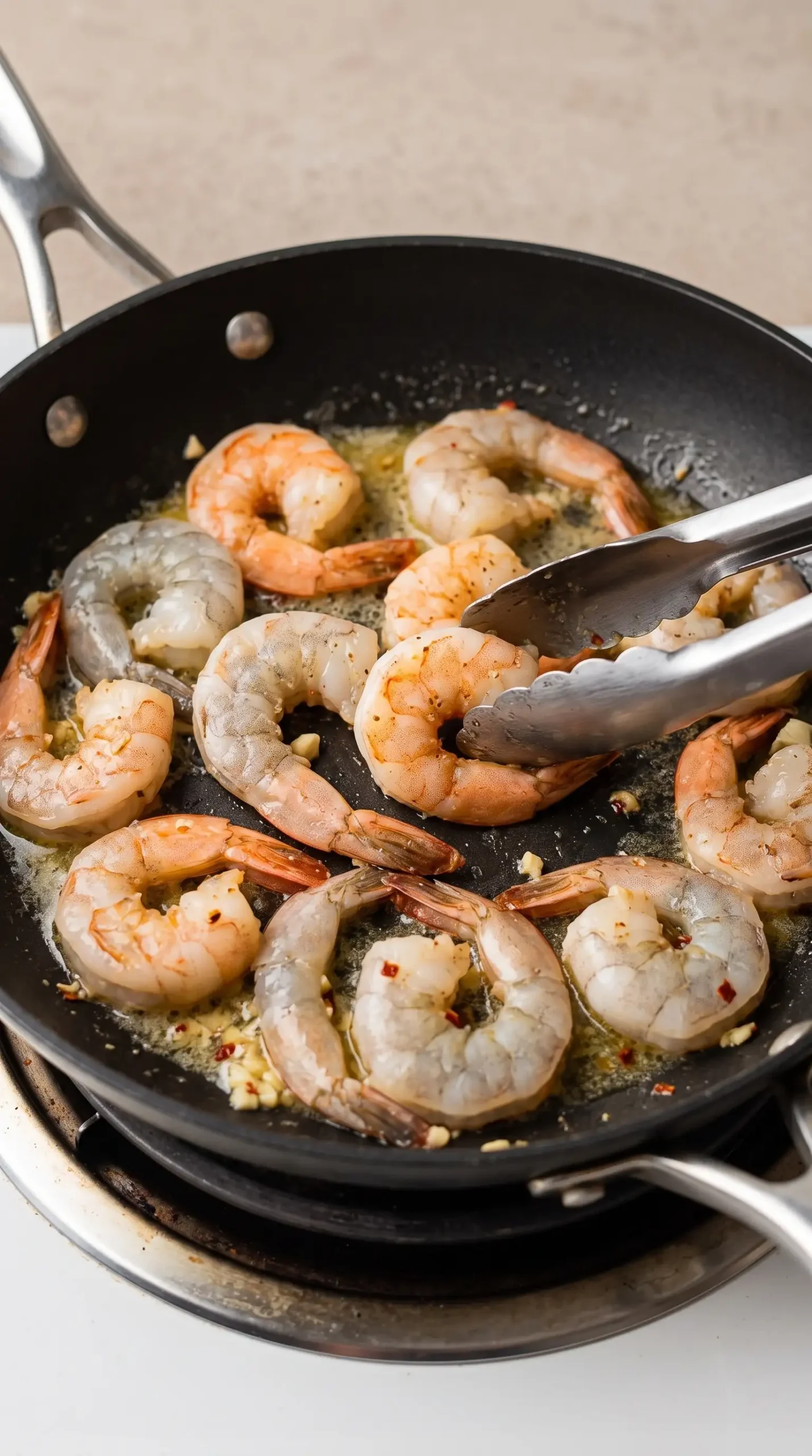 Shrimp cooking in butter with garlic in a skillet for creamy pasta
