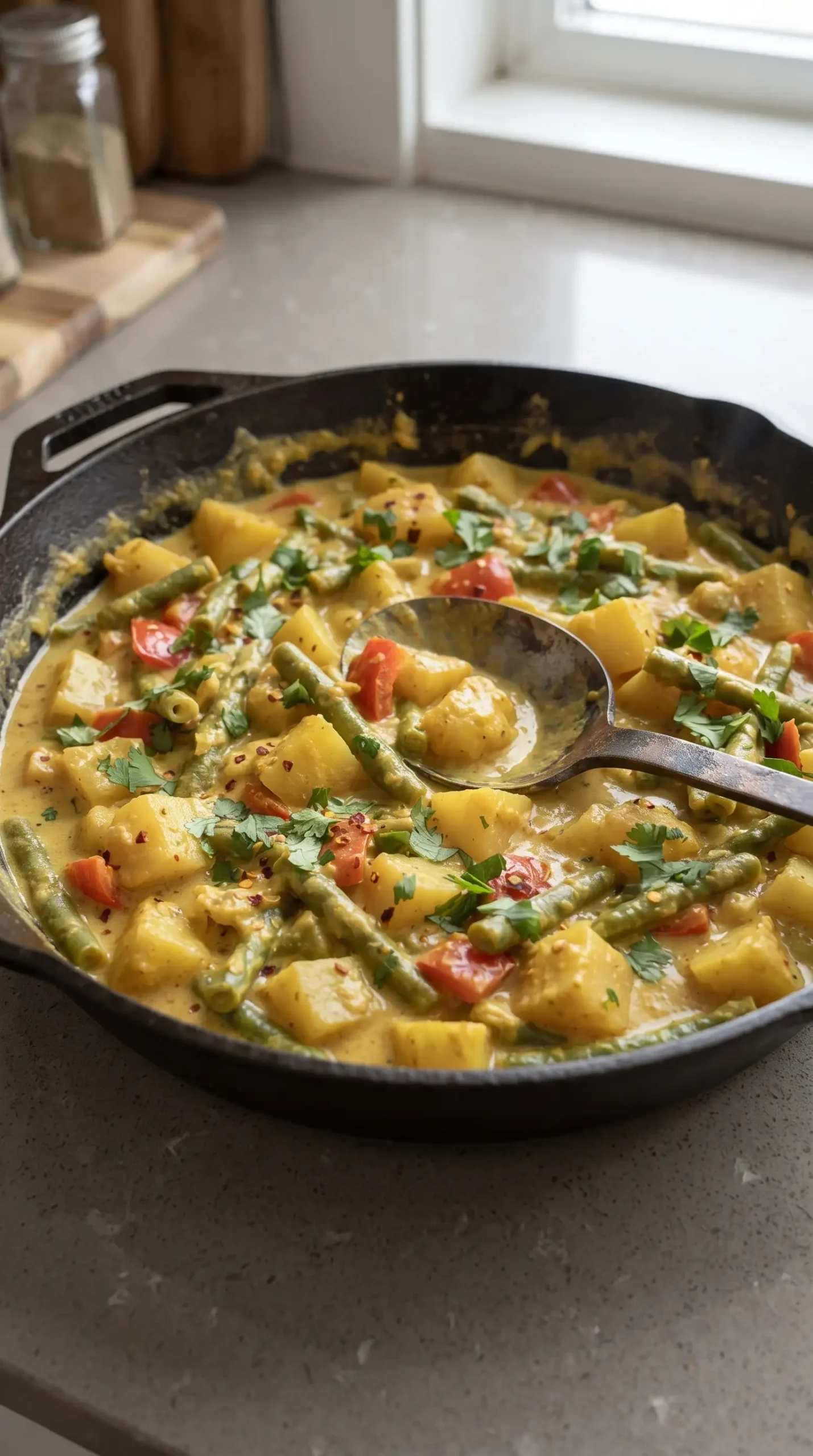 Skillet of veggie korma with potatoes, green beans, peppers, and creamy curry sauce