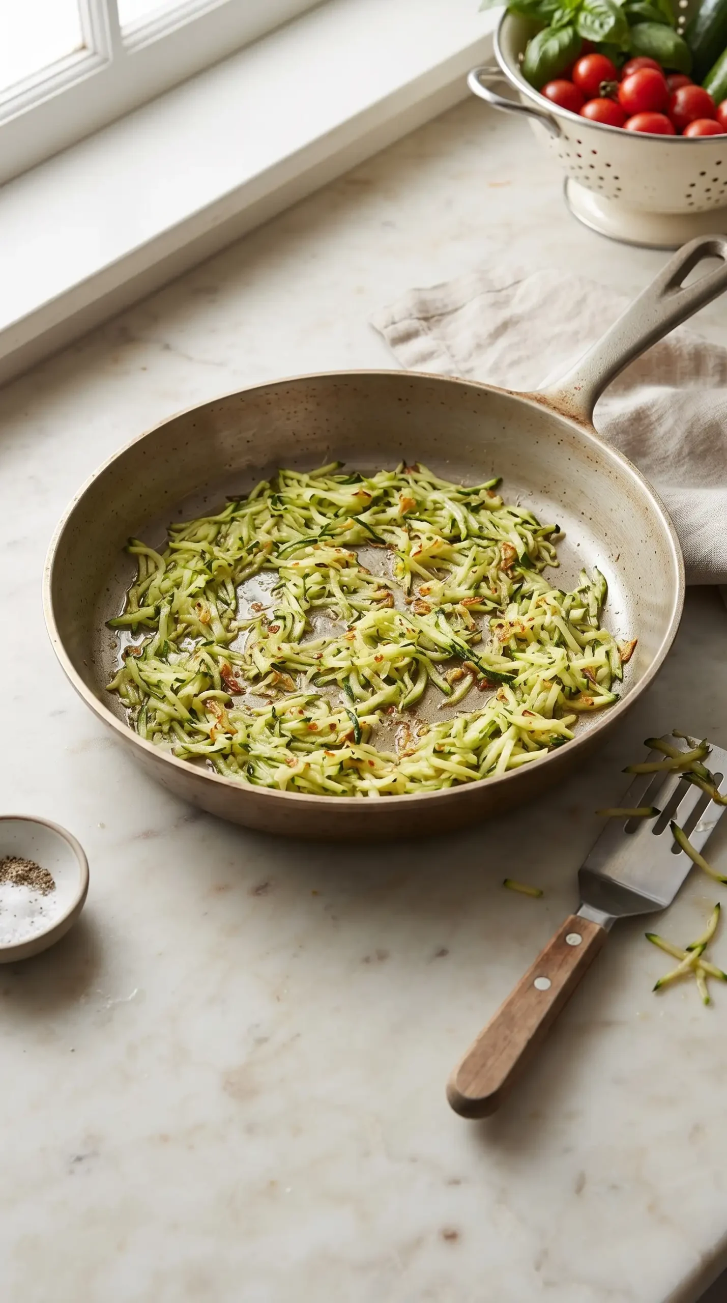 Professional close-up food photography of the zucchini preparation stage for Farmer's Market Flatbread Pizza, showing a shallow skillet on a simple light-colored kitchen surface with shredded zucchini cooking over high heat in a thin layer, visible small browned caramelized spots forming on the zucchini, a spatula resting nearby, and a small amount of olive oil sheen on the vegetables. The image should capture the actual cooking process before assembly, with realistic texture, natural kitchen lighting, and no finished pizza or extra toppings present.