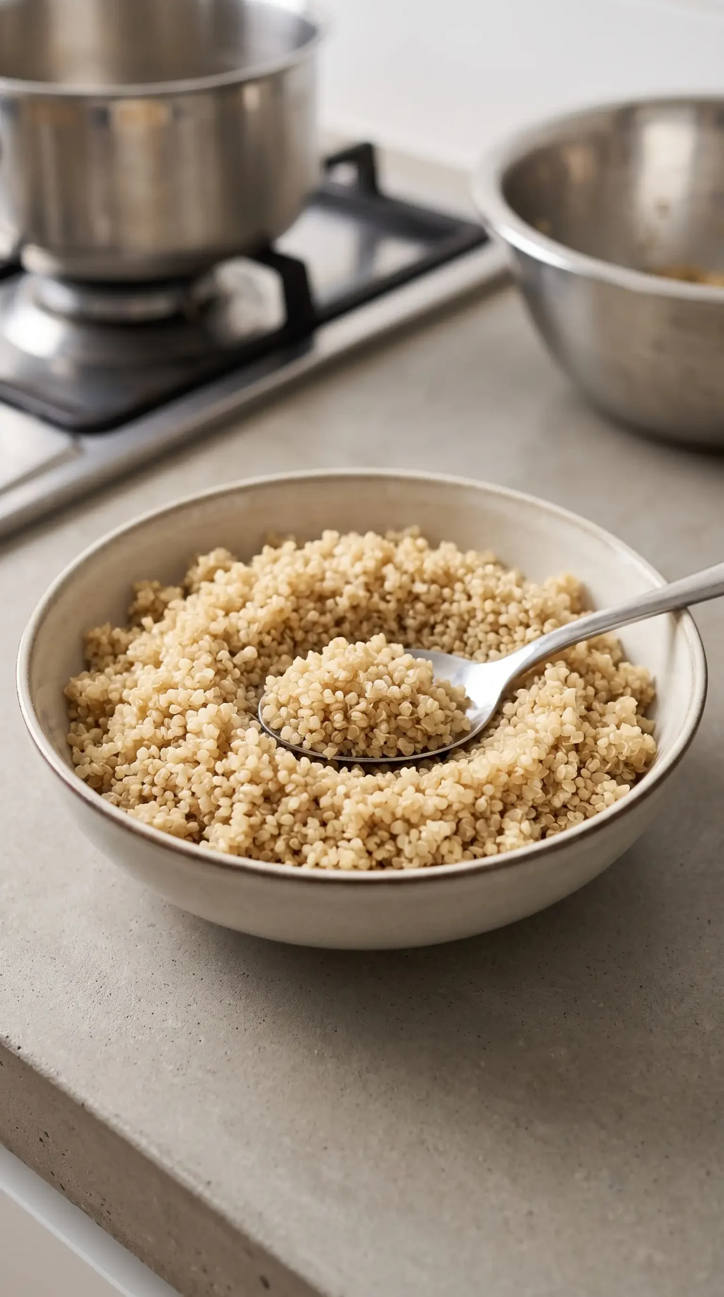 Cooked quinoa cooling in a bowl with fluffy grains ready for salad preparation