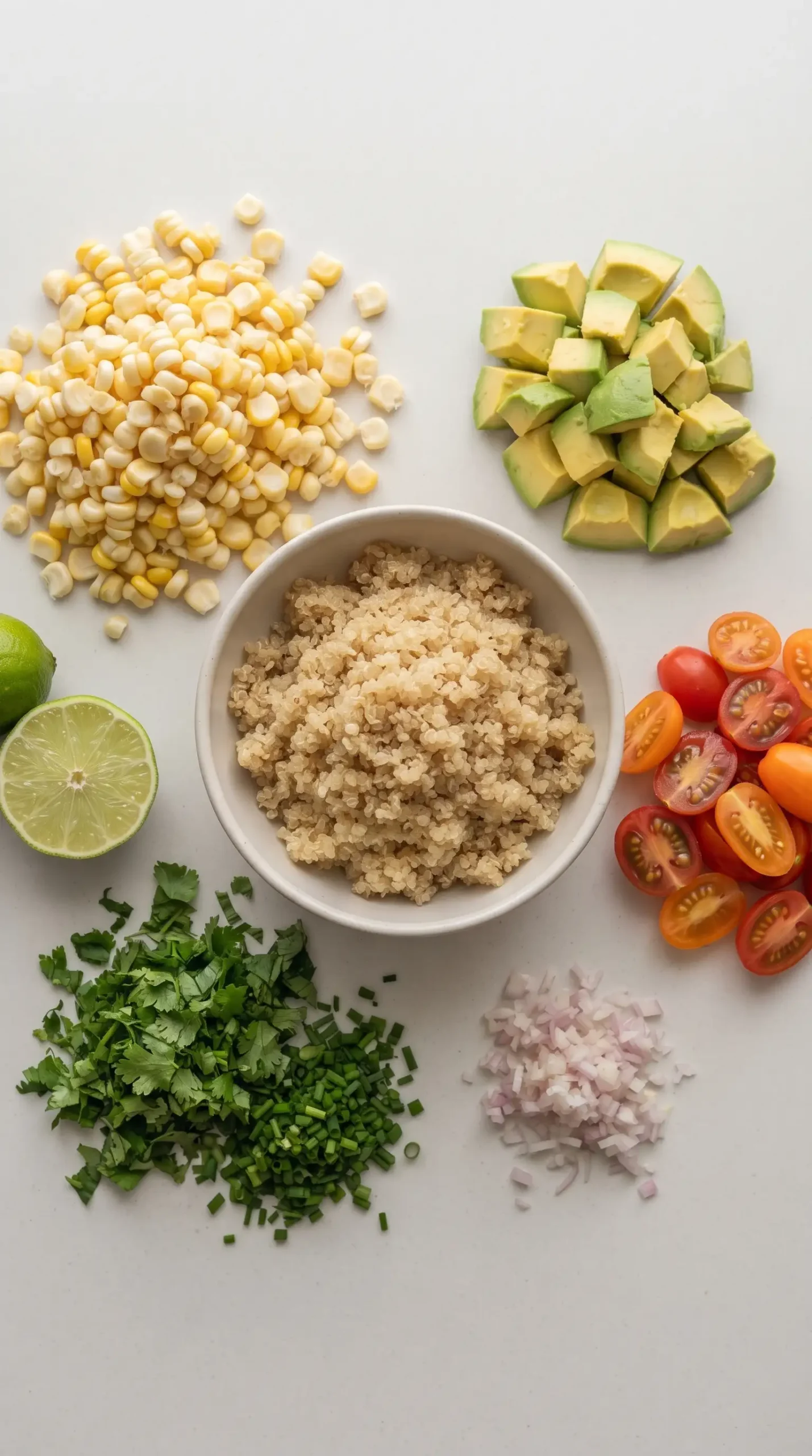 Quinoa, corn, avocado, tomatoes, herbs, shallot, and lime prepared for salad assembly