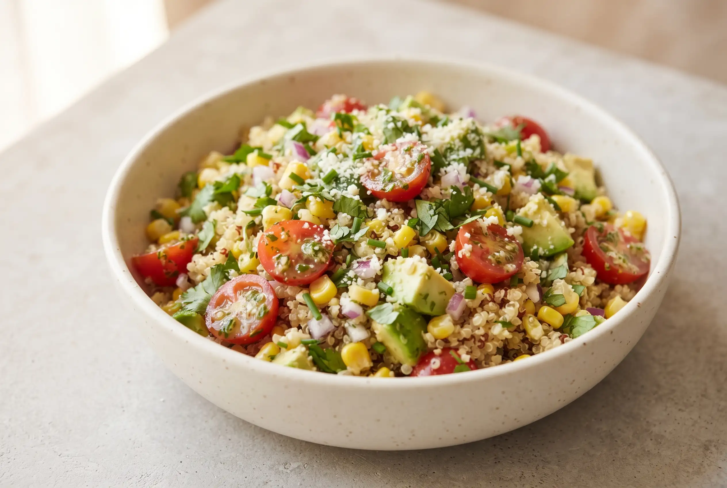 Corn avocado quinoa salad with marinated tomatoes, lime, corn, and creamy avocado in a bowl