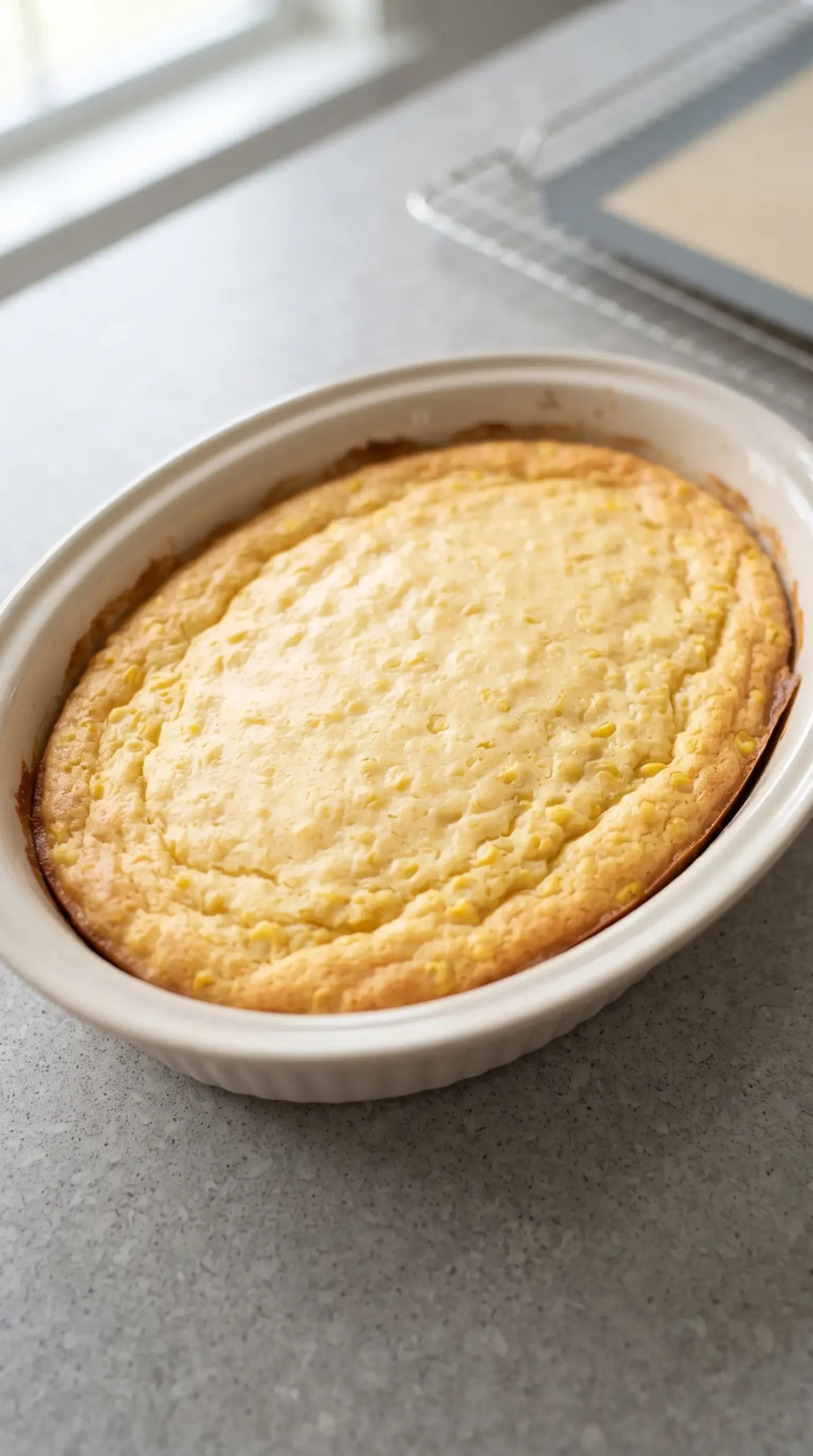 Creamy corn casserole mixture baking in a 2 quart dish with the center setting