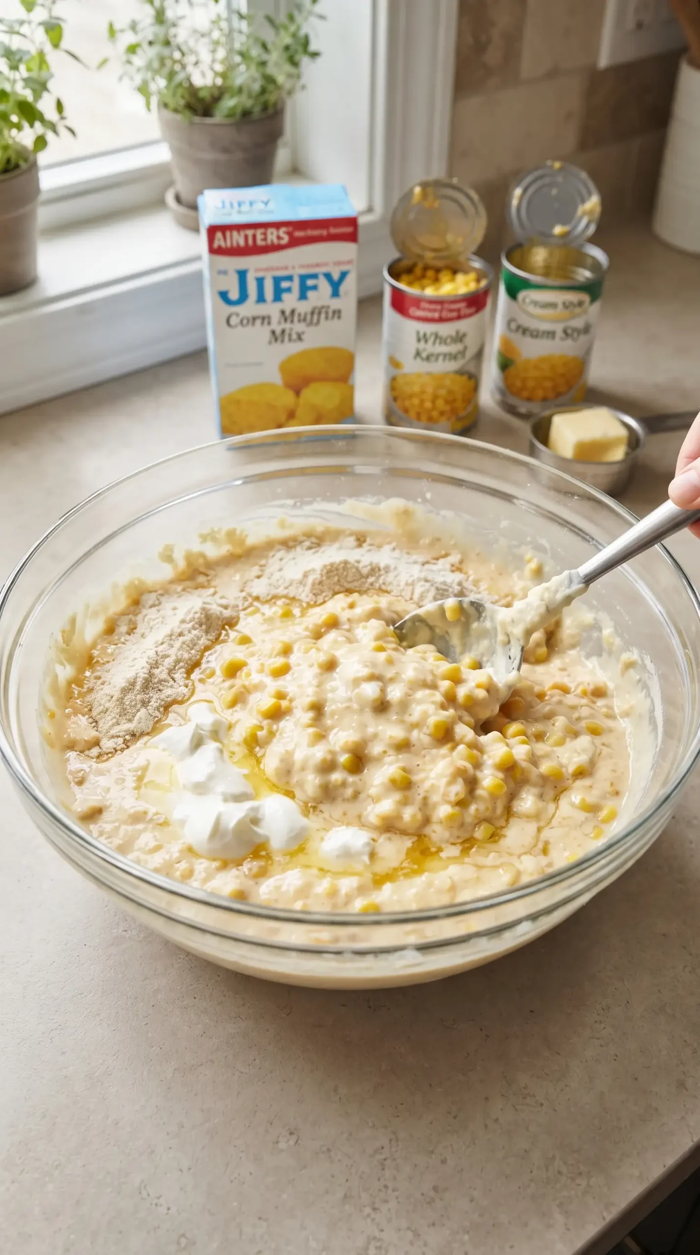 Mixing bowl with corn casserole batter, corn kernels, sour cream, butter, and Jiffy corn bread mix