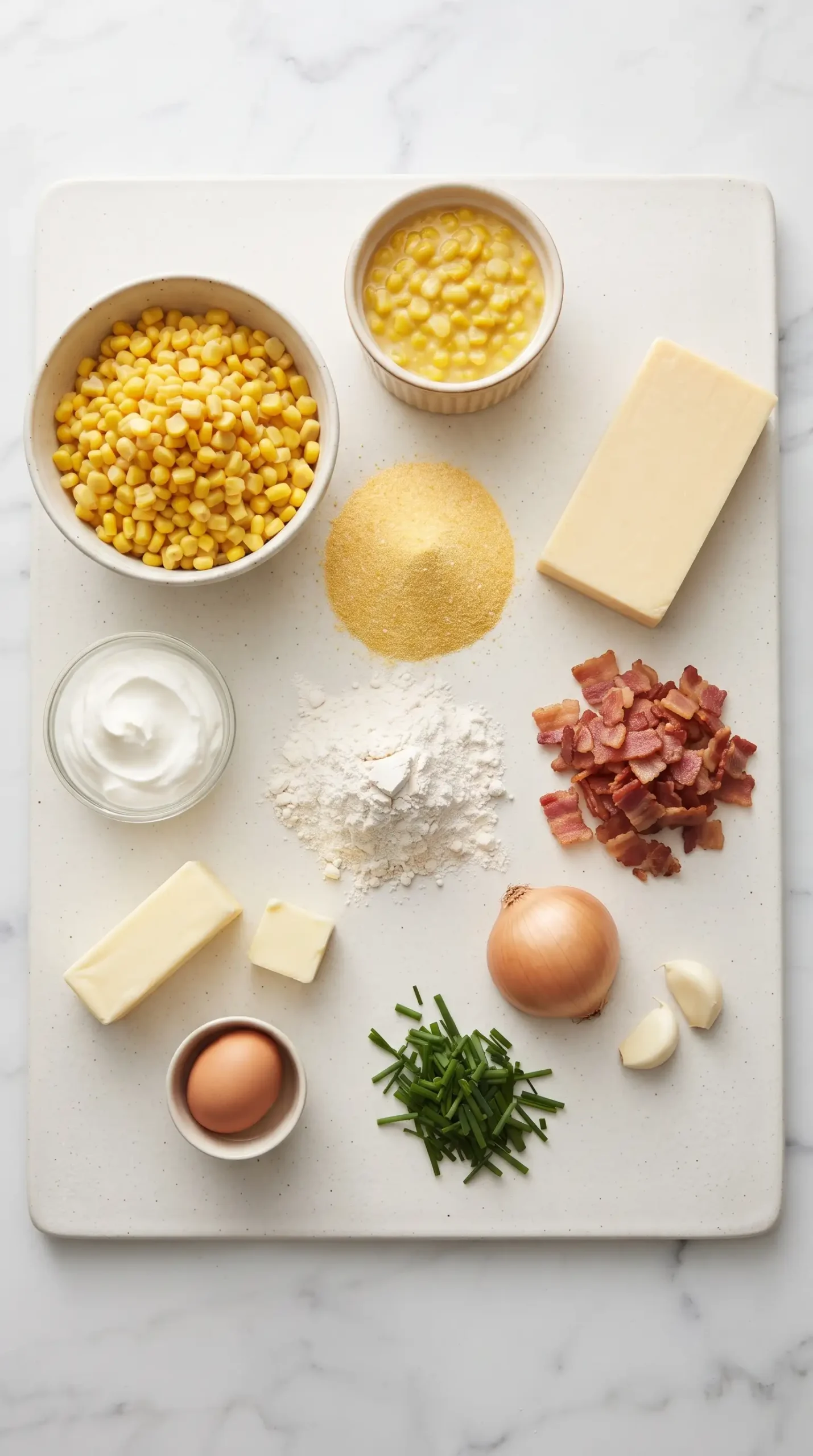 Corn casserole ingredients including corn, cornmeal, cheese, bacon, and baking staples