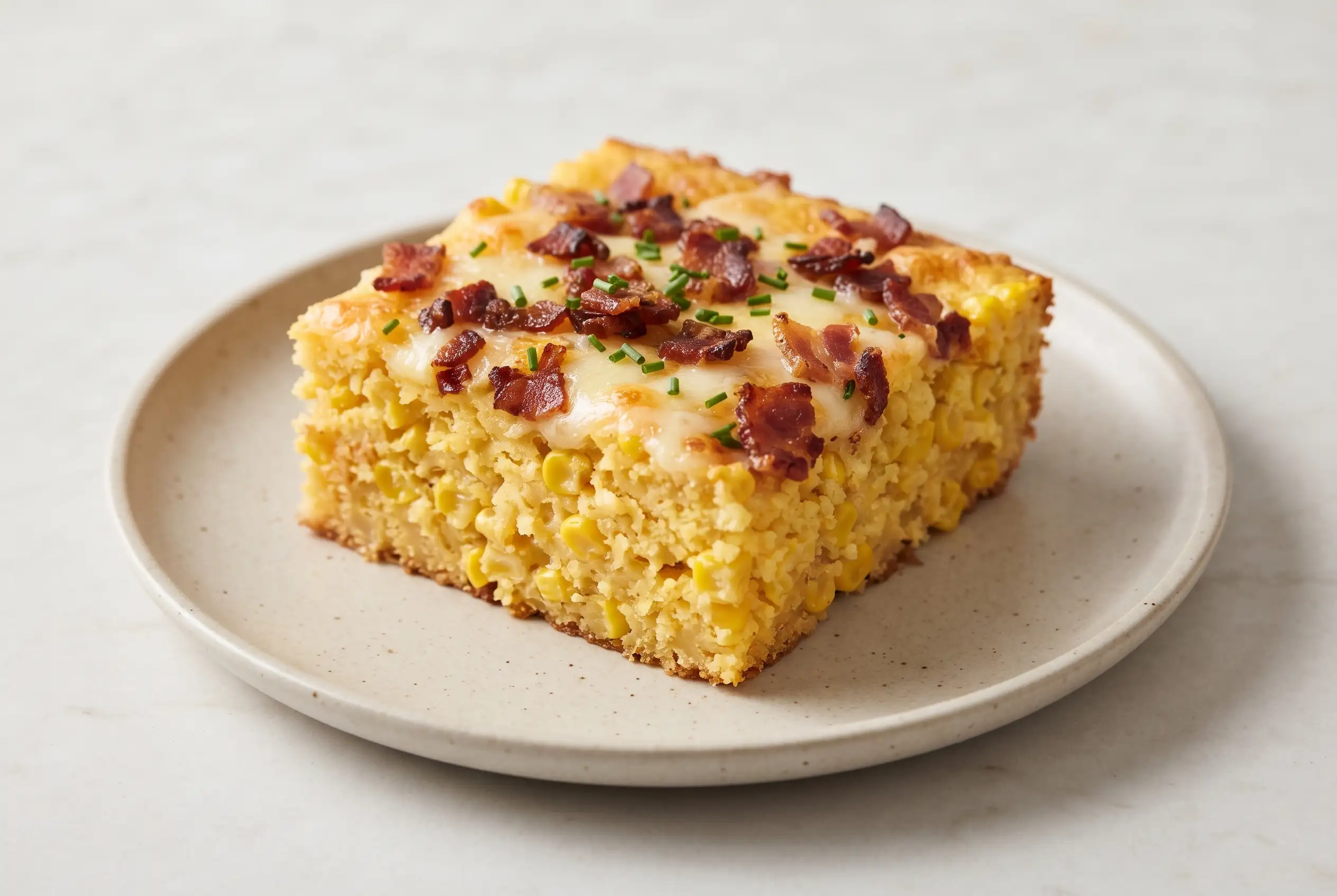 Corn casserole square with bacon, cheddar, corn kernels, and chives on a ceramic plate