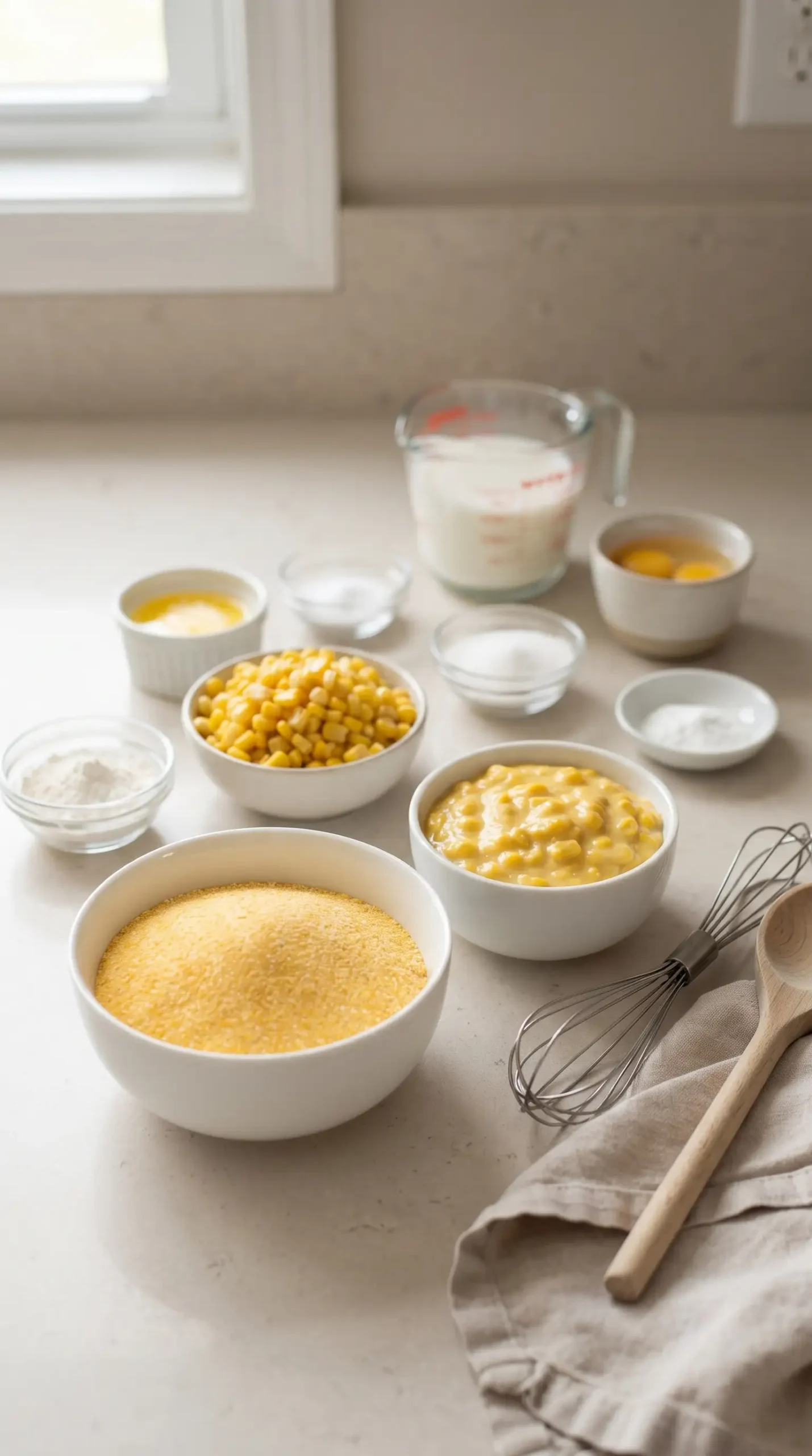 Cornmeal, creamed corn, and corn kernels prepared for a corn pudding recipe