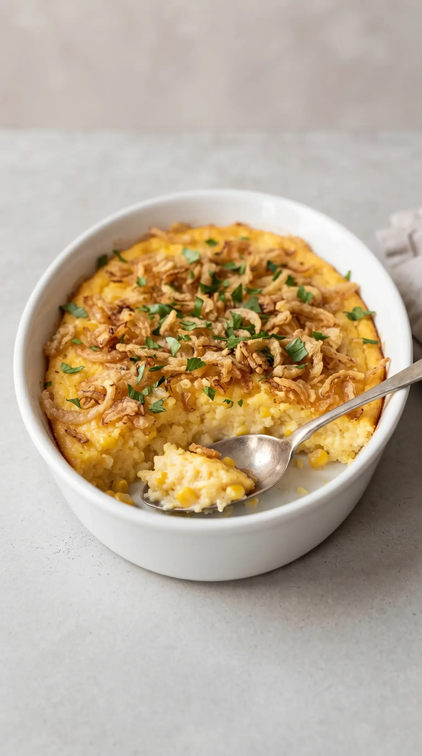 Warm corn pudding topped with crispy onions and fresh parsley in a serving dish