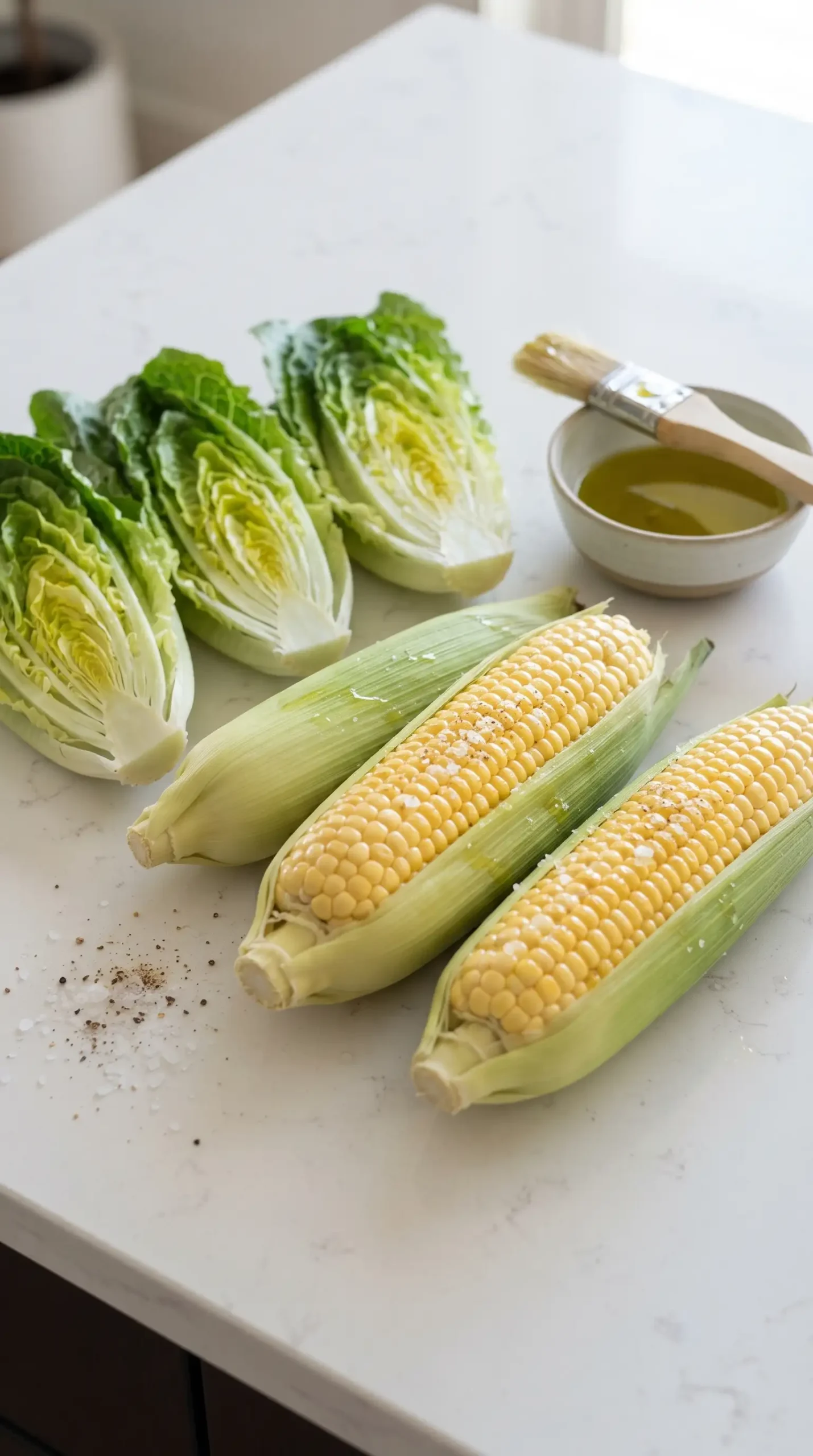 Husked corn and halved romaine hearts brushed with olive oil and ready for grilling