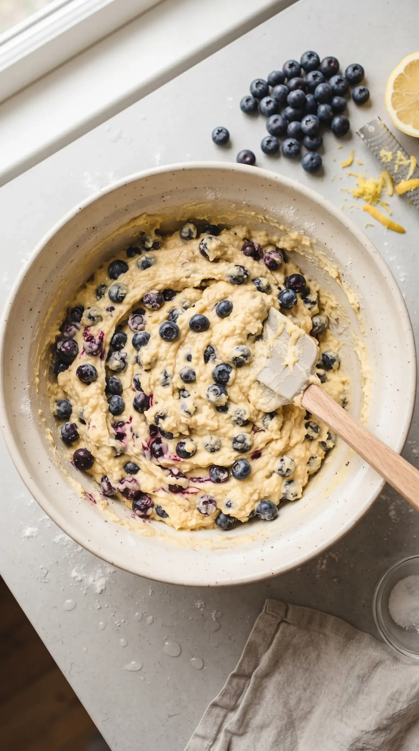 Cornmeal blueberry muffin batter with blueberries and spatula in a mixing bowl