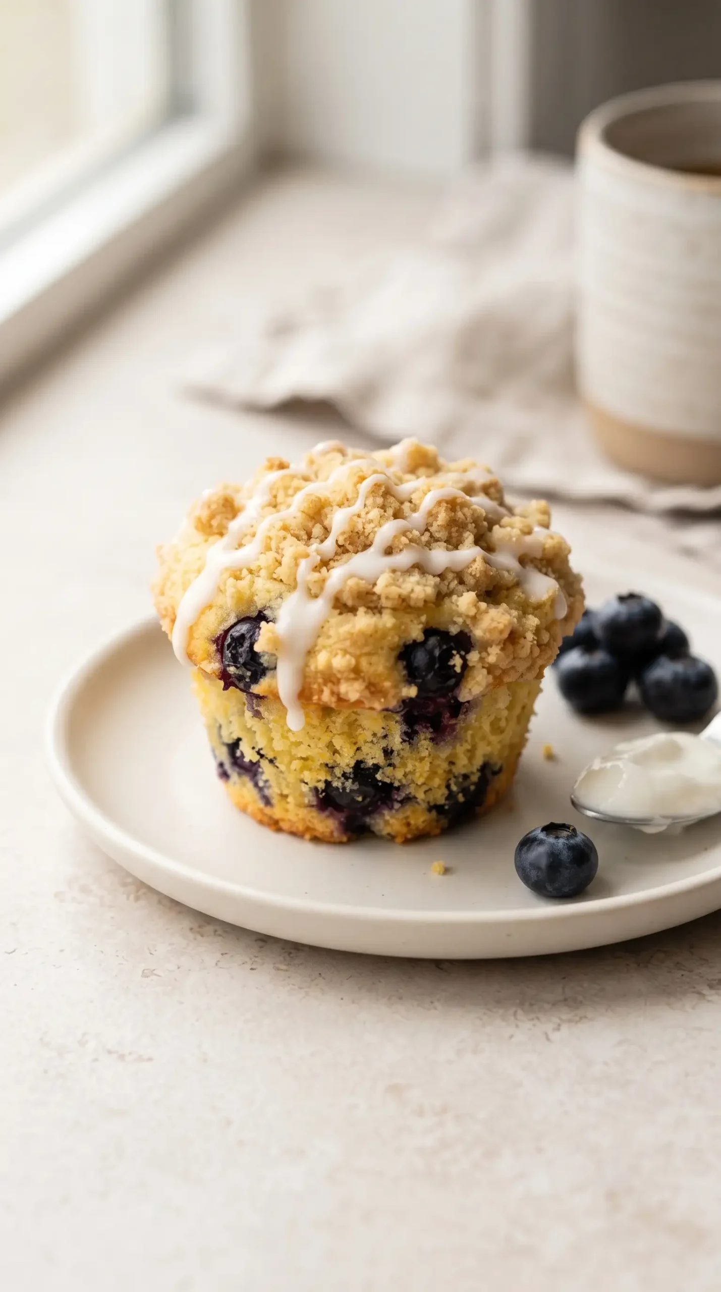 Cornmeal blueberry muffin with lemon streusel served with blueberries and yogurt
